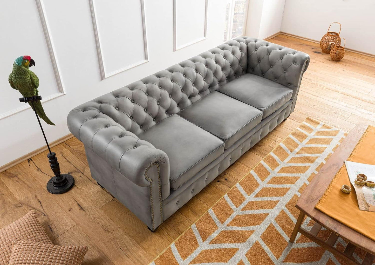 MASSIVMOEBEL24.DE Chesterfield #103 3-Seater Sofa Real Leather 218 x 82 x 76 cm Brown
