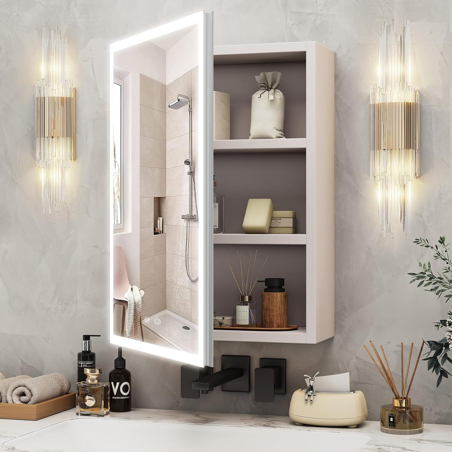 Aovquof Mirror Cabinet with Lighting - 90 x 60 cm Bathroom Mirror Cabinet with Storage Space, Bathroom Mirror Cabinet with Adjustable Dimmable LED Lights with Demist Function, Modern Cream Colour