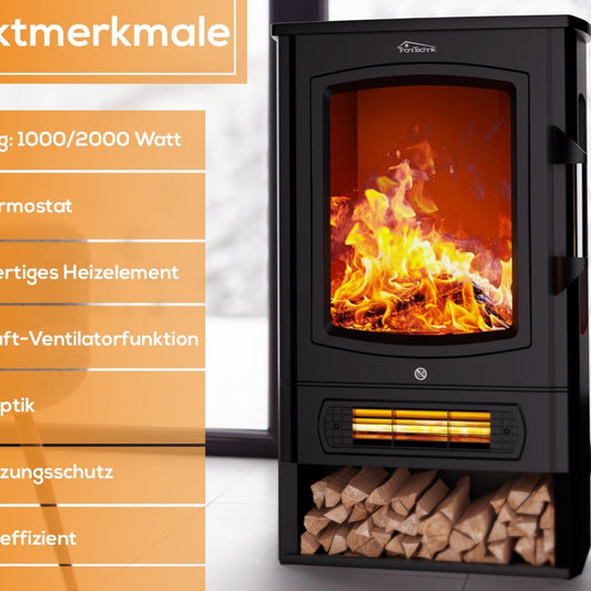 Tronitechnik® Electric Fireplace with LED Flame Effect, 1 kW/2 kW Watt Fireplace, with Thermostat Panoramic Viewing Window, Heating Function, Timer, 2 Heat Settings, with Ventilation