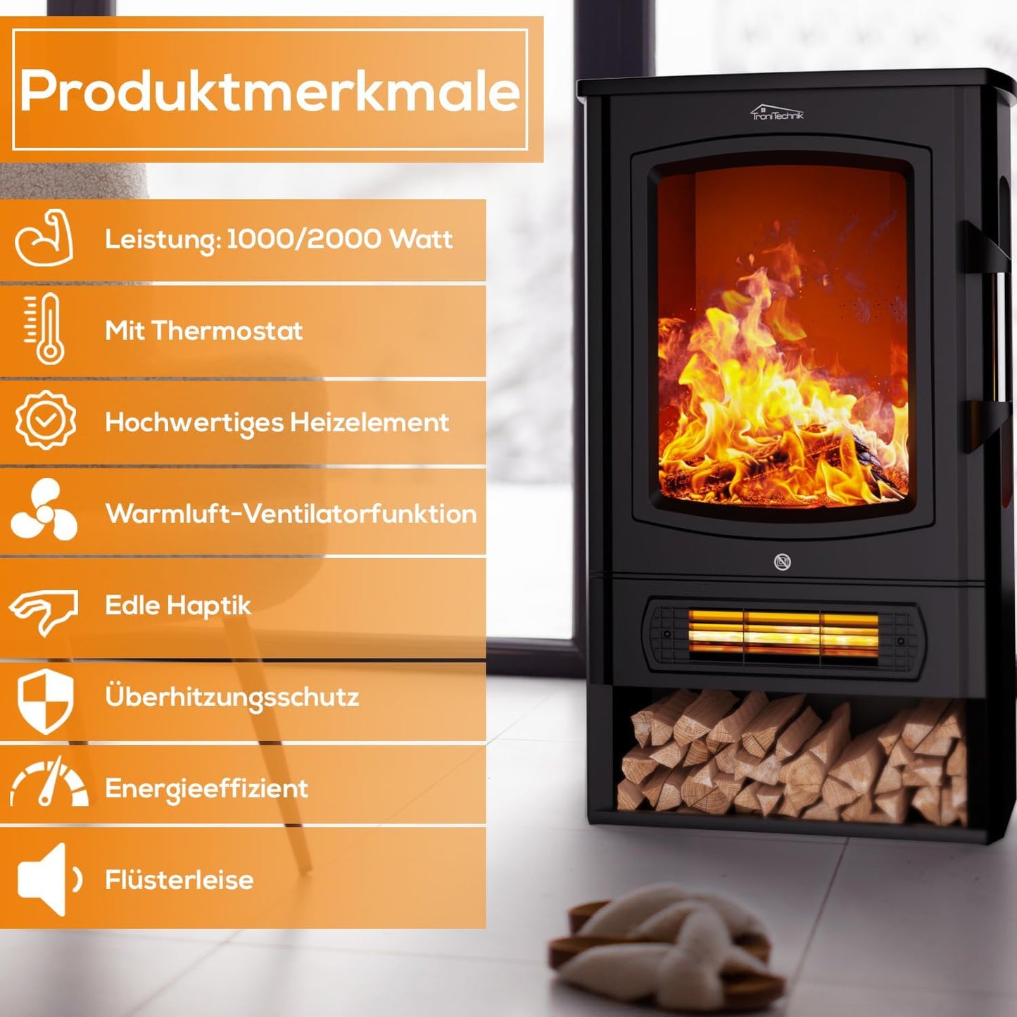Tronitechnik® Elektrokamin elektrisch - Kaminfeuer mit LED Flammeneffekt, 1kW/2kW Watt Kamin, mit Thermostat Panorama-Sichtfenster Heizfunktion Timer, 2 Heizstufen, mit Ventilation
