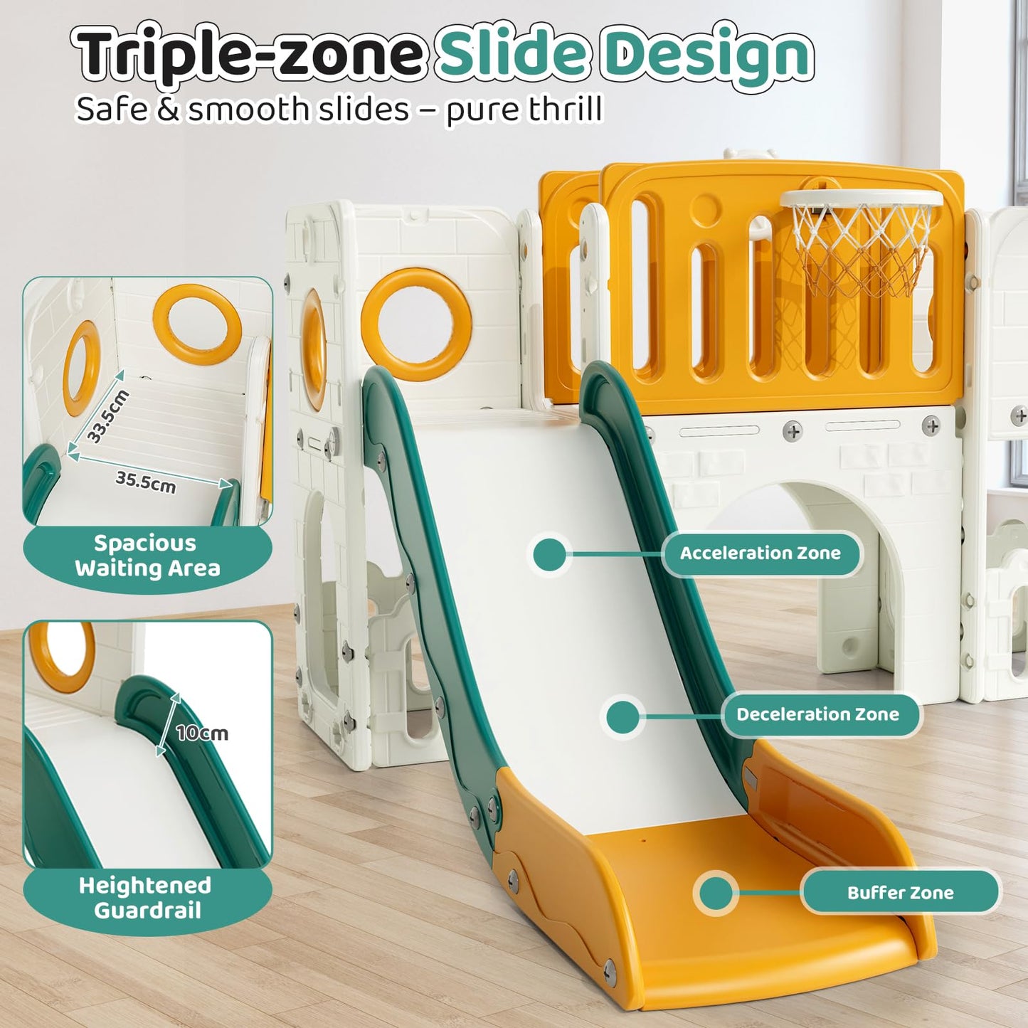 MAMIZO 9-in-1 Children's Slide, Children's Slide with Climbing Frame, Indoor and Outdoor Slide with Basketball Hoop and Telescope, Tunnel, Storage Space, Garden Slide, Children's Playground, with 2