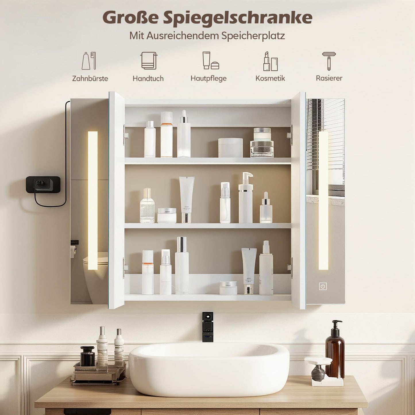 TUKAILAI Mirror Cabinet with LED Lighting, 6 Open Shelves and Adjustable Shelves, Bathroom Mirror with Touch Switch, Bathroom Mirror, Light Mirror, Wall Mirror, Bathroom Cabinet for Bathroom