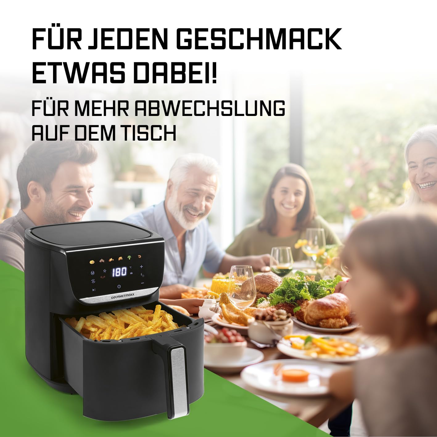 GOURMETmaxx Digitale Heißluftfritteuse 12 L, XXL-Edelstahl-Ofen | Airfryer + Timer, Touchdisplay, Drehspieß | fettarm, energiesparend frittieren | 10 Programme inkl. Pizza | 1800 W