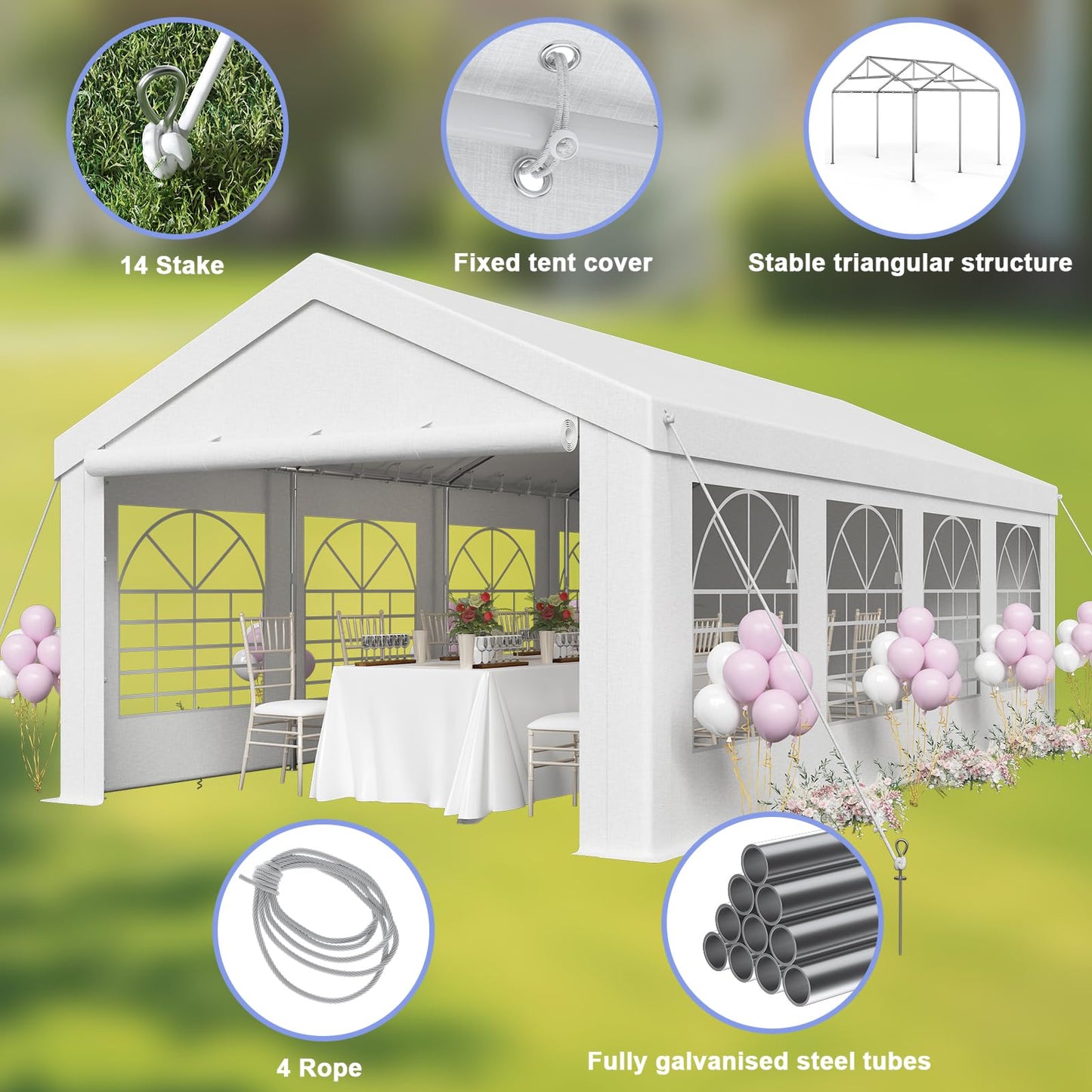 JUMMICO Gazebo Party Tent 4 x 6 Waterproof Stable Garden Tent UV Protection 50+ Tent 170 g PE Tarpaulin Marquee Beer Tent Garden Gazebo for Garden, Party, Festival, Wedding, White
