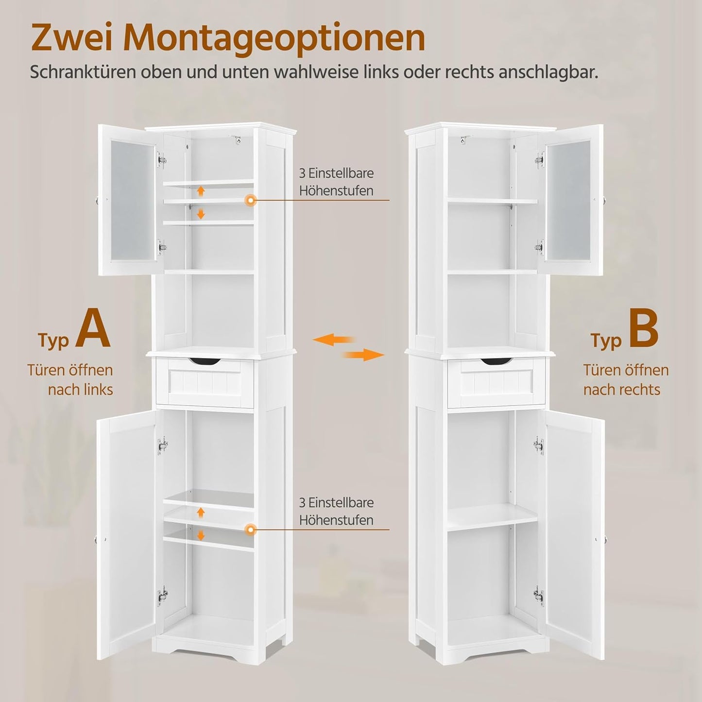 Yaheetech Badezimmerschrank Hochschrank Badschrank mit Schublade & 2 Türen und verstellbarem Einlegeboden Aufbewahrungsschrank Küchenschrank für Badezimmer/Wohnzimmer/Küche, 40 * 30 * 170 cm