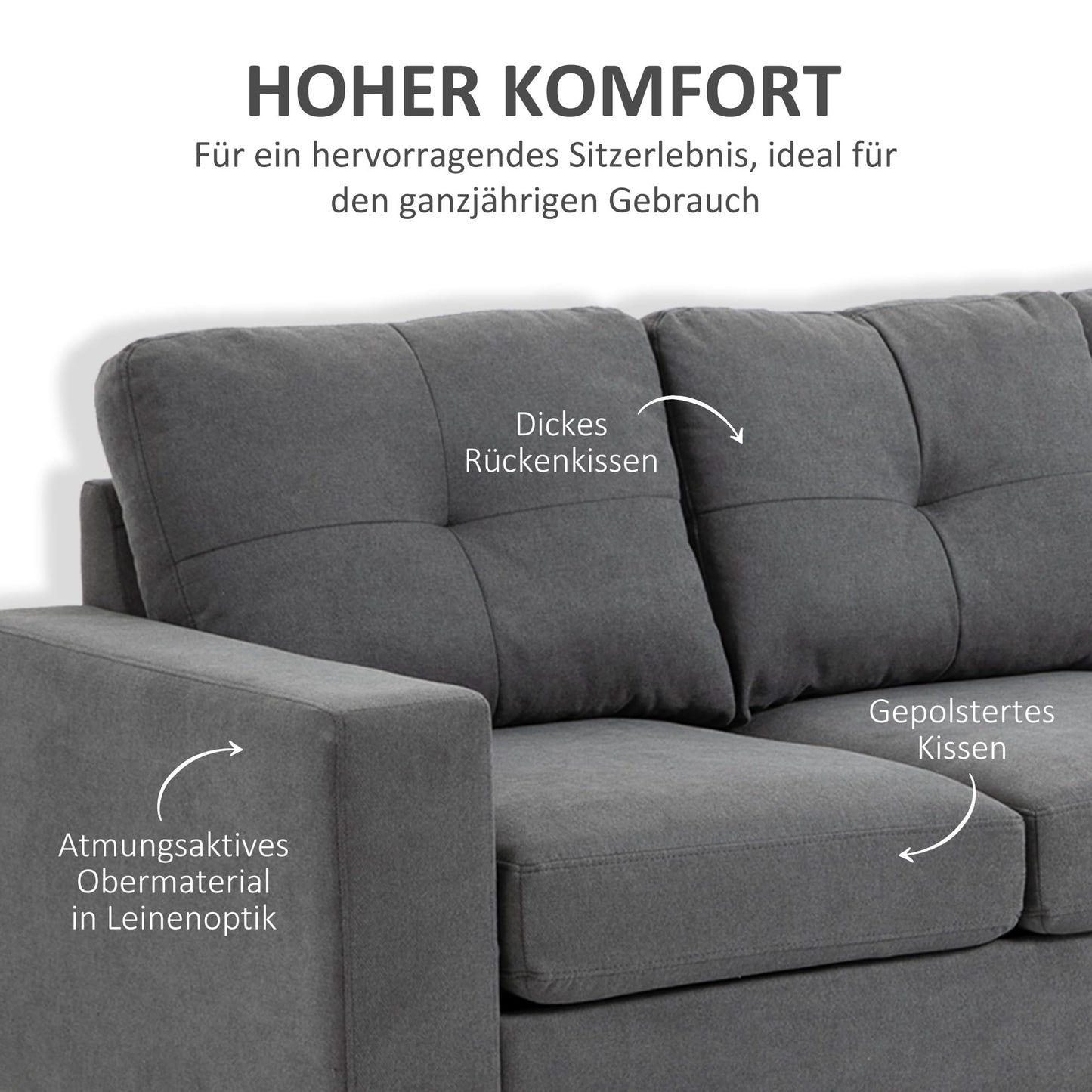 HOMCOM Corner Sofa L-Shaped Sofa with 3 Cushions, Corner Couch with Button Binding, Linen Look, Couch Living Landscape for Living Room, Bedroom, 193 x 136 x 85 cm, Black