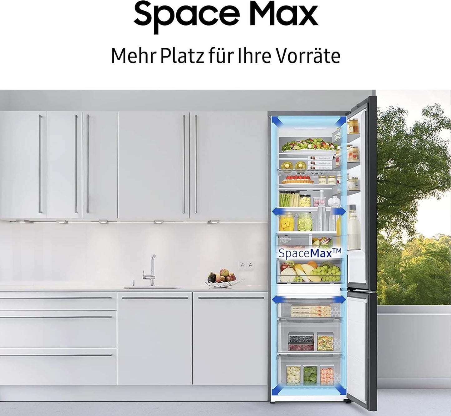 Samsung Fridge-Freezer, Fridge Freezer, 203 cm, 390 L Total Volume, 114 L Freezer, AI Energy Mode, Bottle Rack, Premium Black Steel, RL38C602CB1/EG