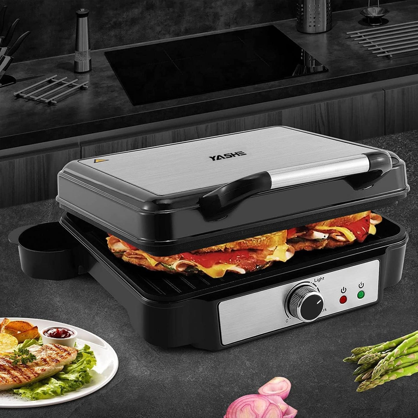 YASHE Contact Grill, 4 Slices Panini Grill Non-Stick Coated Plates, 1800 W Toaster Sandwich Toaster with Temperature Control, Indicator Light, Opens 180 Degrees, Removable Drip Tray, Black