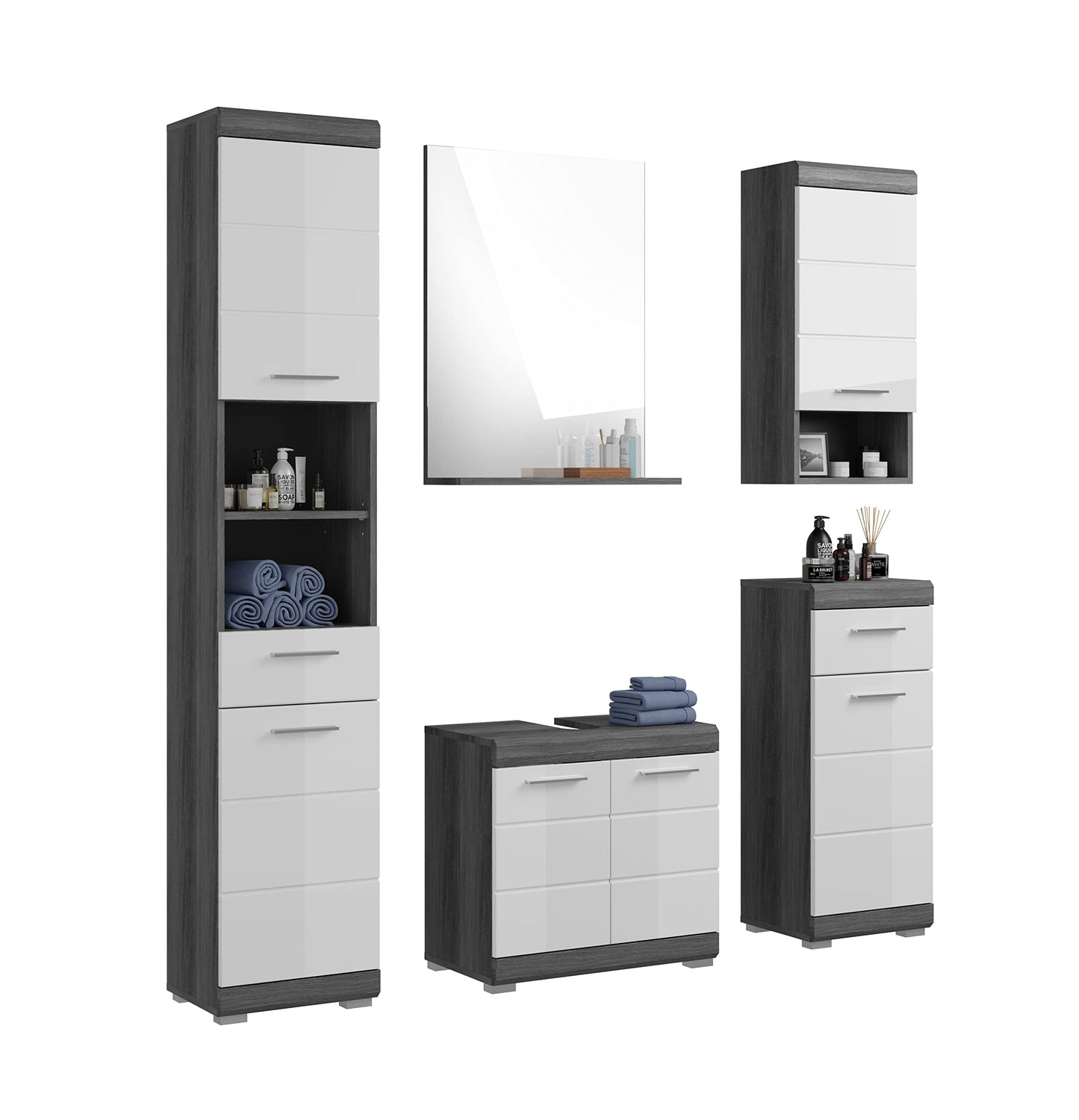 Badezimmer Scout X06B2723 Wall-Mounted Cupboard Wide Cabinet in Front White High Gloss Body Smoke Silver Nb. Approx. 74 x 79 x 24 cm