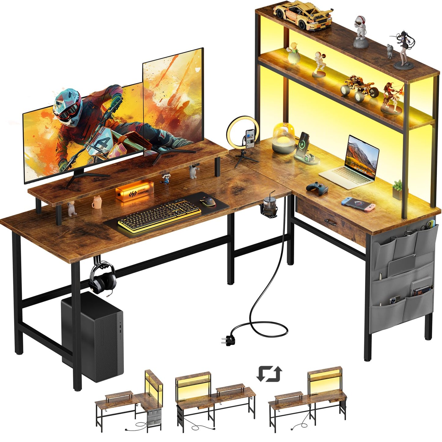 Gaming Table with LED, 150 x 100 cm Corner Desk with 3 Sockets and 2 USB, Reversible Gaming Desk L Shape, Computer Desk with Monitor Stand and Countertop Shelf, Carbon Fibre Black