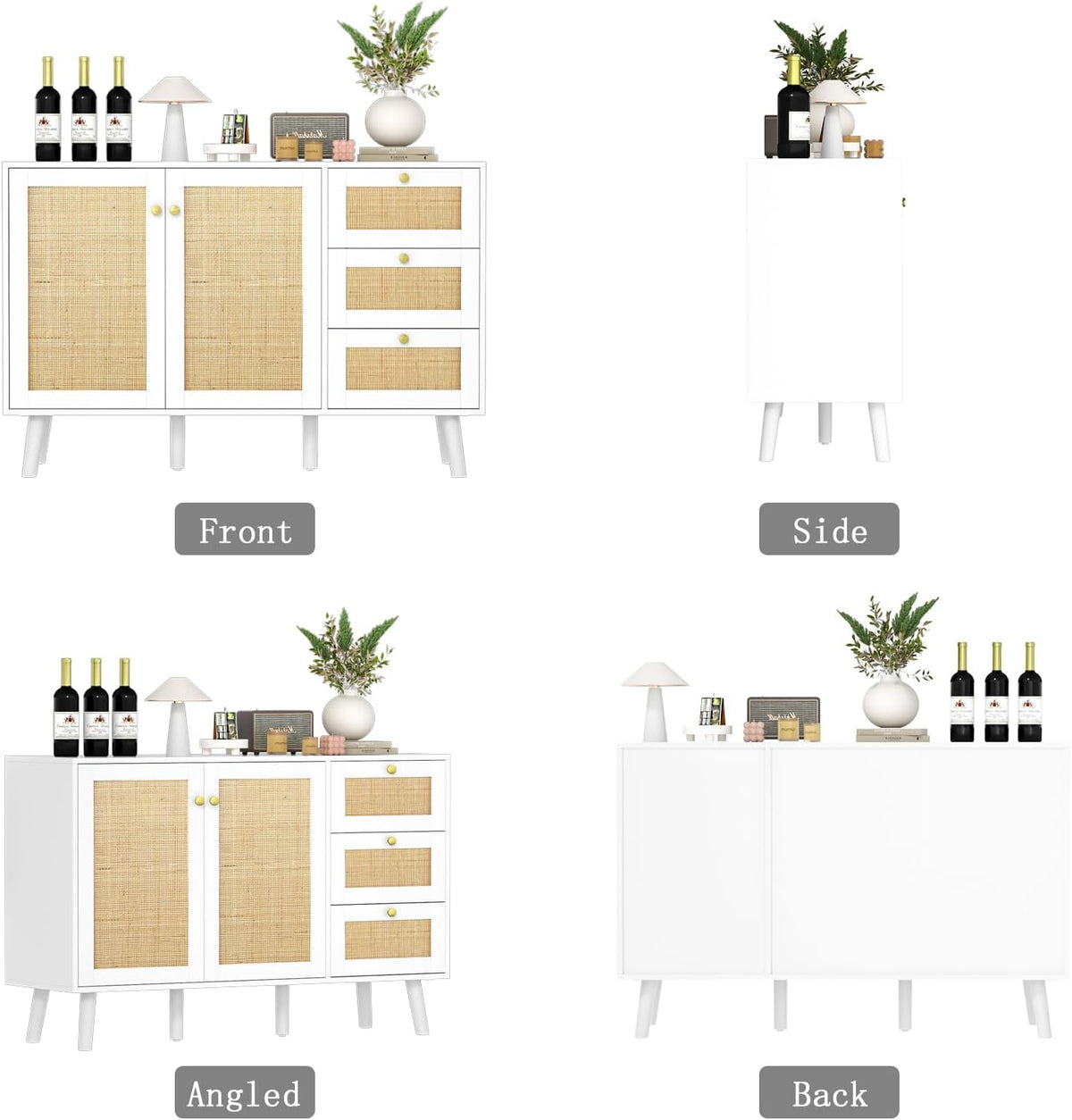 Sideboard 120 cm Rattan Kitchen Cabinet with Adjustable Shelf, Buffet Cabinet with 3 Drawers and 3 Doors, Storage Cabinet for Living Room, Kitchen, Dining Room, Hallway, White, 120 x 40 x 82