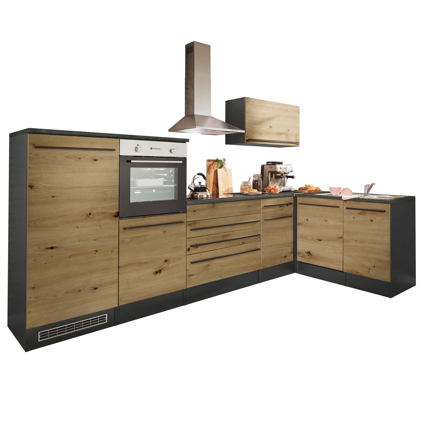 Jazz 4 Modern Corner Kitchen with Electrical Appliances in White High Gloss, Metallic Grey - Spacious Kitchen Unit in L-Shaped with Lots of Storage Space - 320 x 200 x 60 cm (W x H x D)