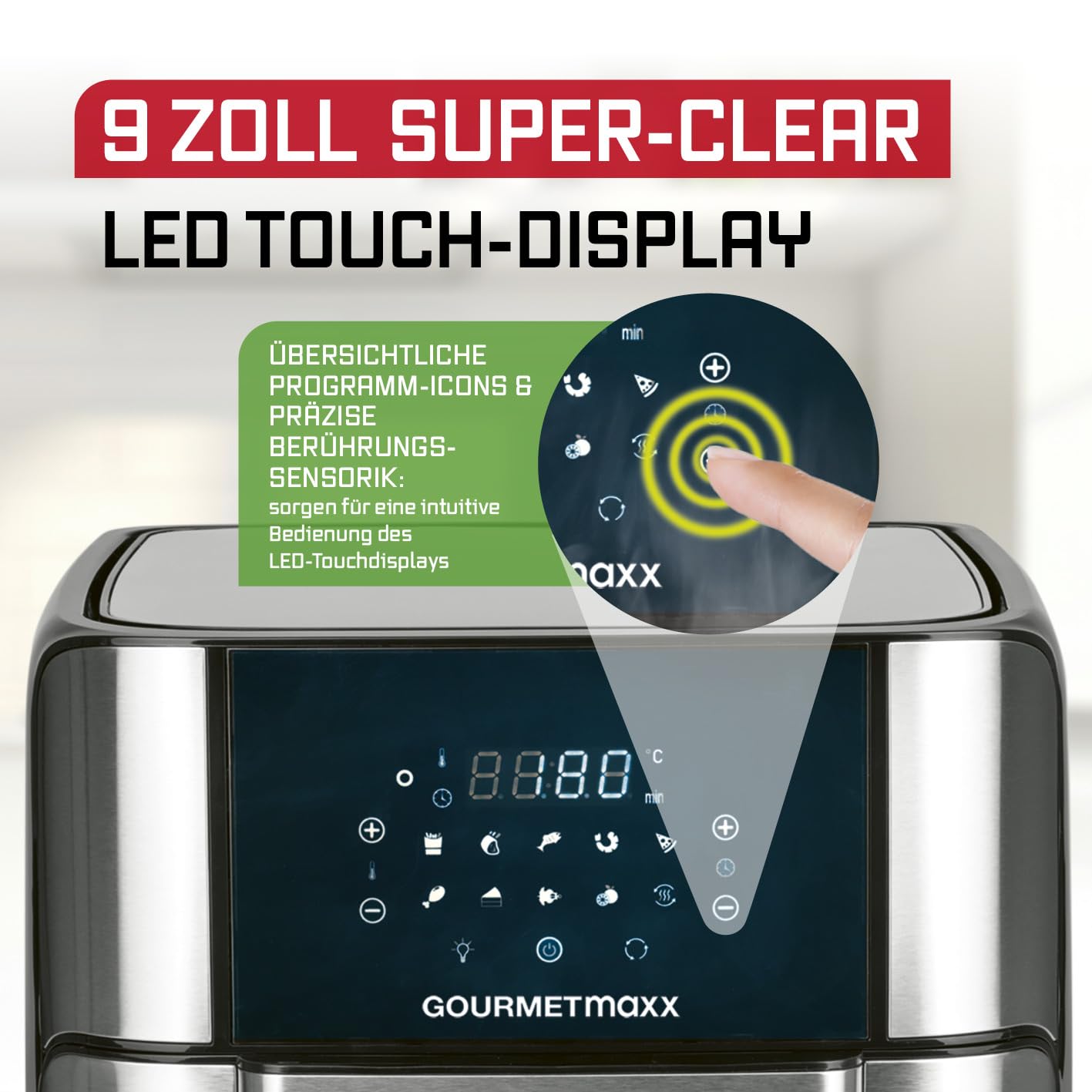 GOURMETmaxx Digitale Heißluftfritteuse 12 L, XXL-Edelstahl-Ofen | Airfryer + Timer, Touchdisplay, Drehspieß | fettarm, energiesparend frittieren | 10 Programme inkl. Pizza | 1800 W