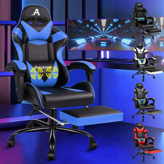ALFORDSON Videospielstuhl, ergonomischer Bürostuhl, Massage-Rennstuhl, einziehbare Fußstütze, PU-Leder, höhenverstellbar und neigbar, 180 kg Tragkraft, Schwarz