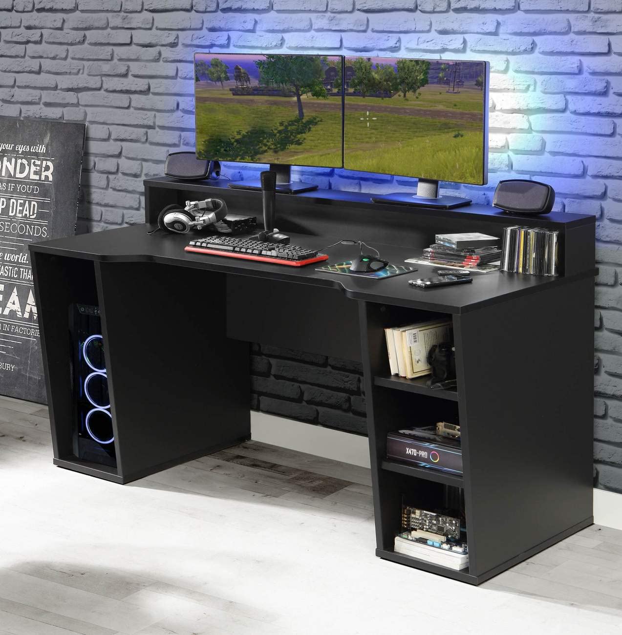 Forte TEZAUR Computer Desk Gaming Desk with LED Lighting and Shelf, Wood Material, Black, W x H x D: 200 x 91.1 x 125.4 cm