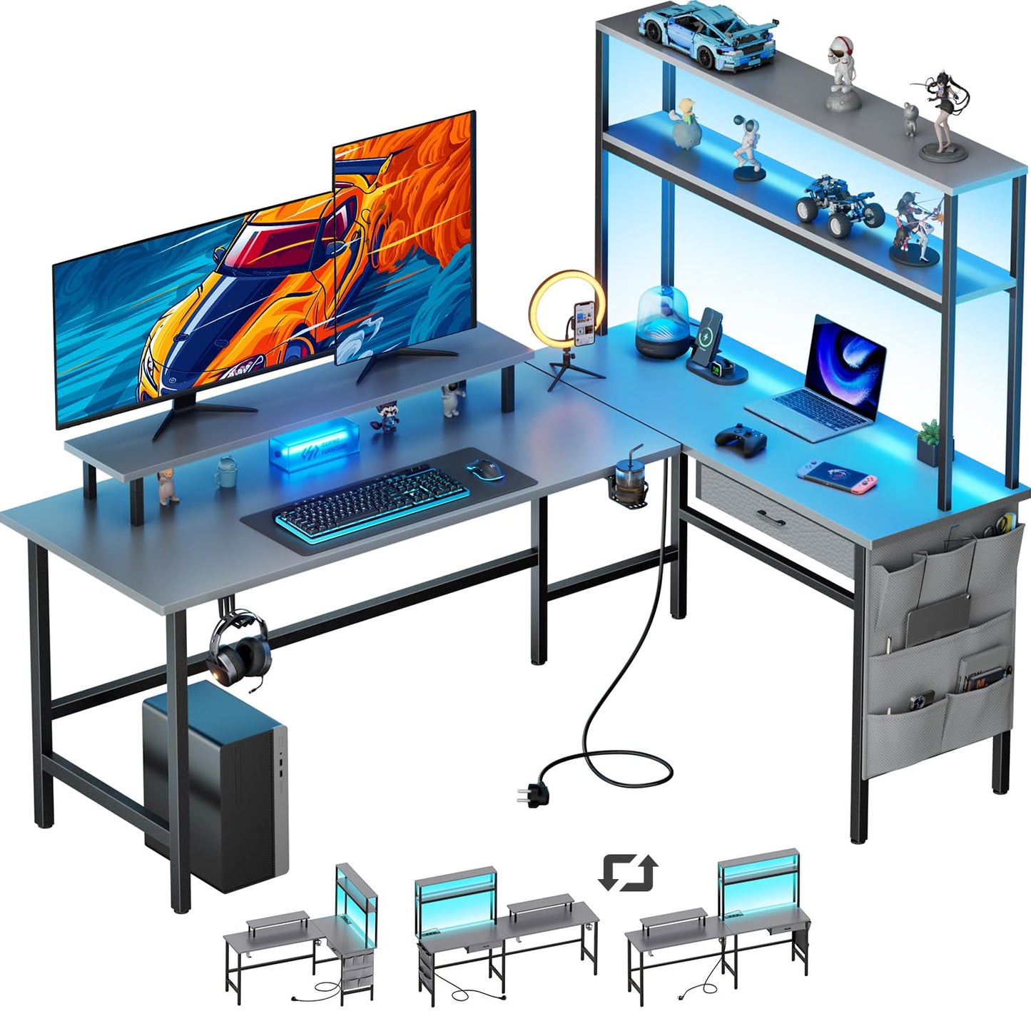 Gaming Table with LED, 150 x 100 cm Corner Desk with 3 Sockets and 2 USB, Reversible Gaming Desk L Shape, Computer Desk with Monitor Stand and Countertop Shelf, Carbon Fibre Black