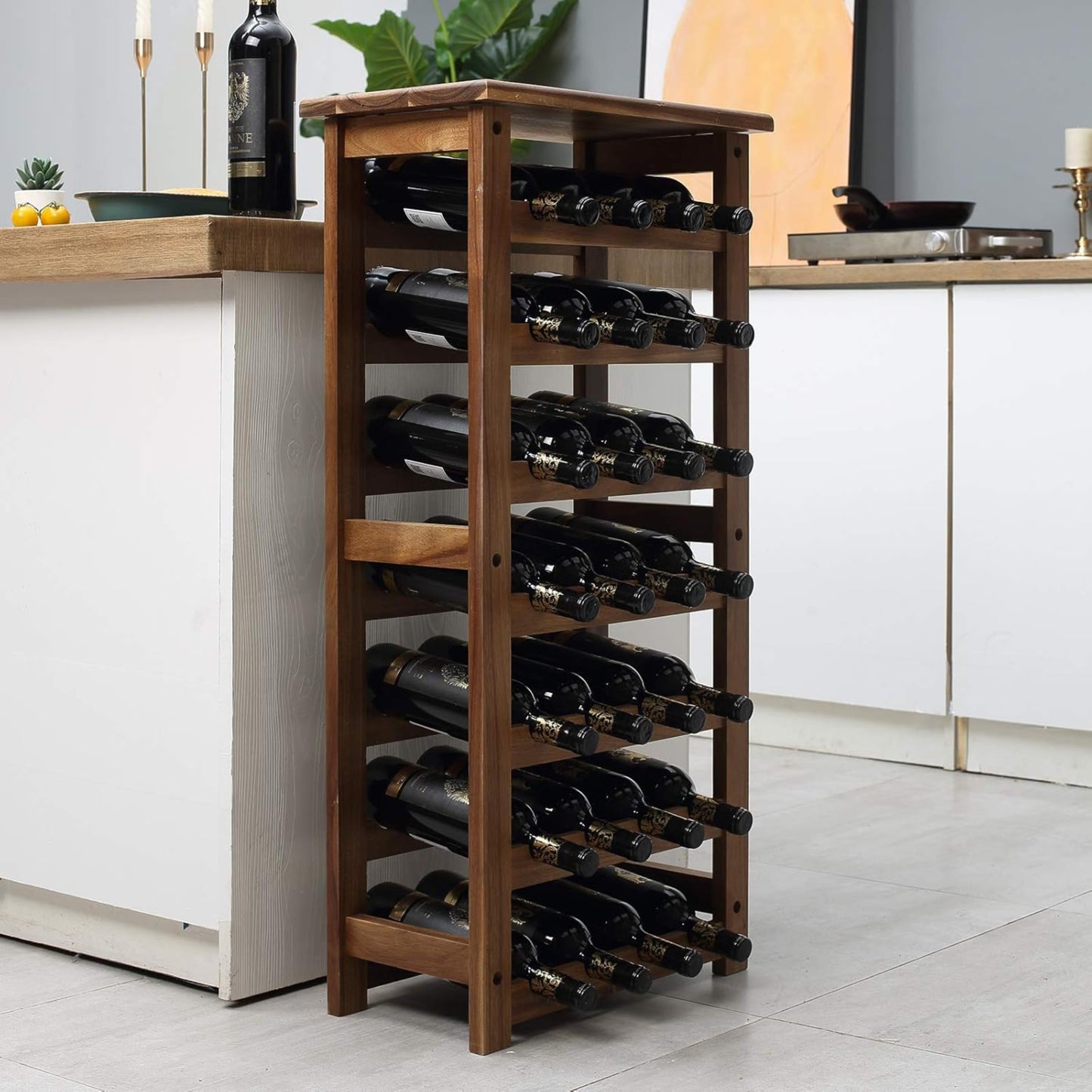 Acacia Wood Wine Rack for 28 Bottles Sturdy Lightweight Bottle Rack for Cellars, Catering and Storage Rooms, Modular Expandable Bottle and Wine Storage