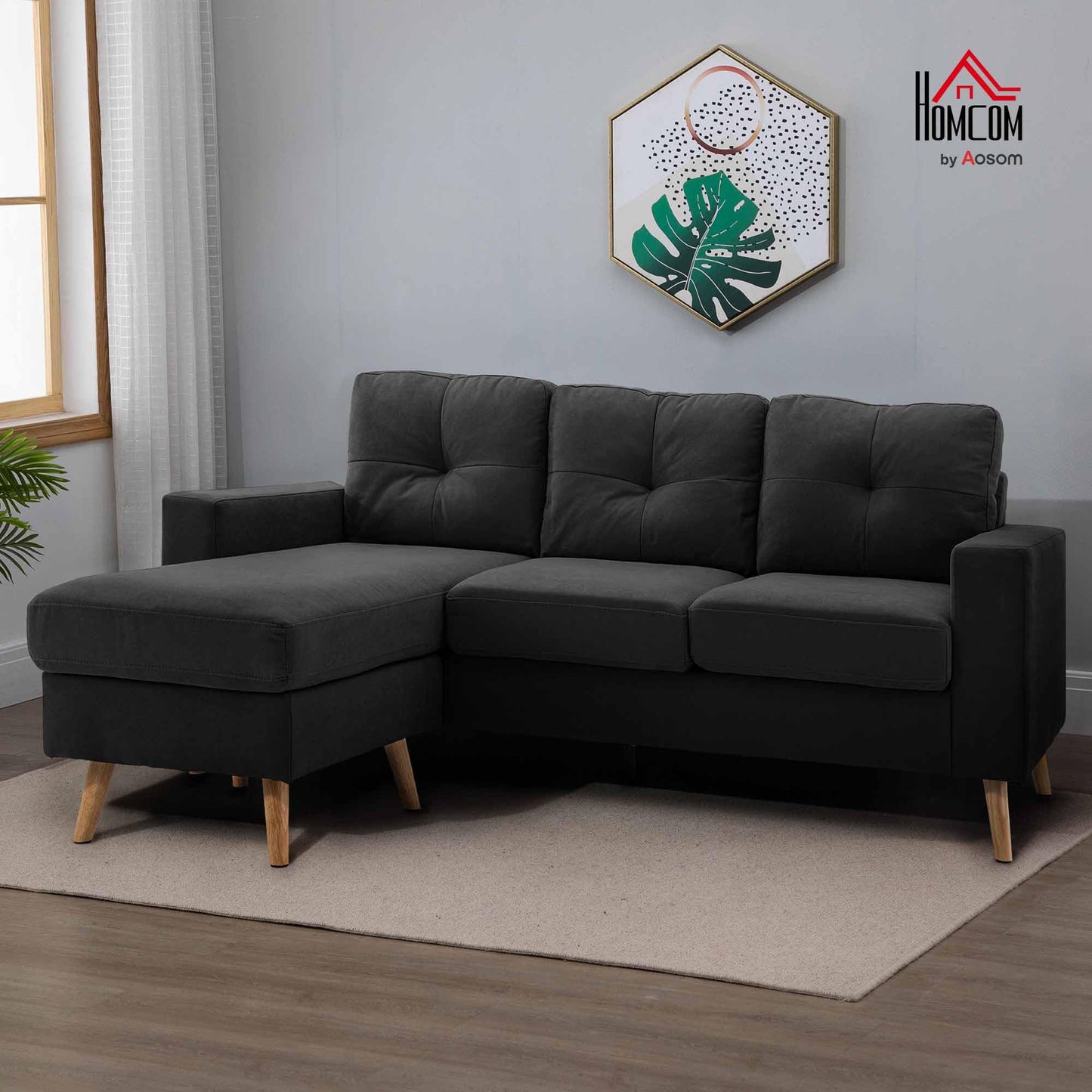 HOMCOM Corner Sofa L-Shaped Sofa with 3 Cushions, Corner Couch with Button Binding, Linen Look, Couch Living Landscape for Living Room, Bedroom, 193 x 136 x 85 cm, Black