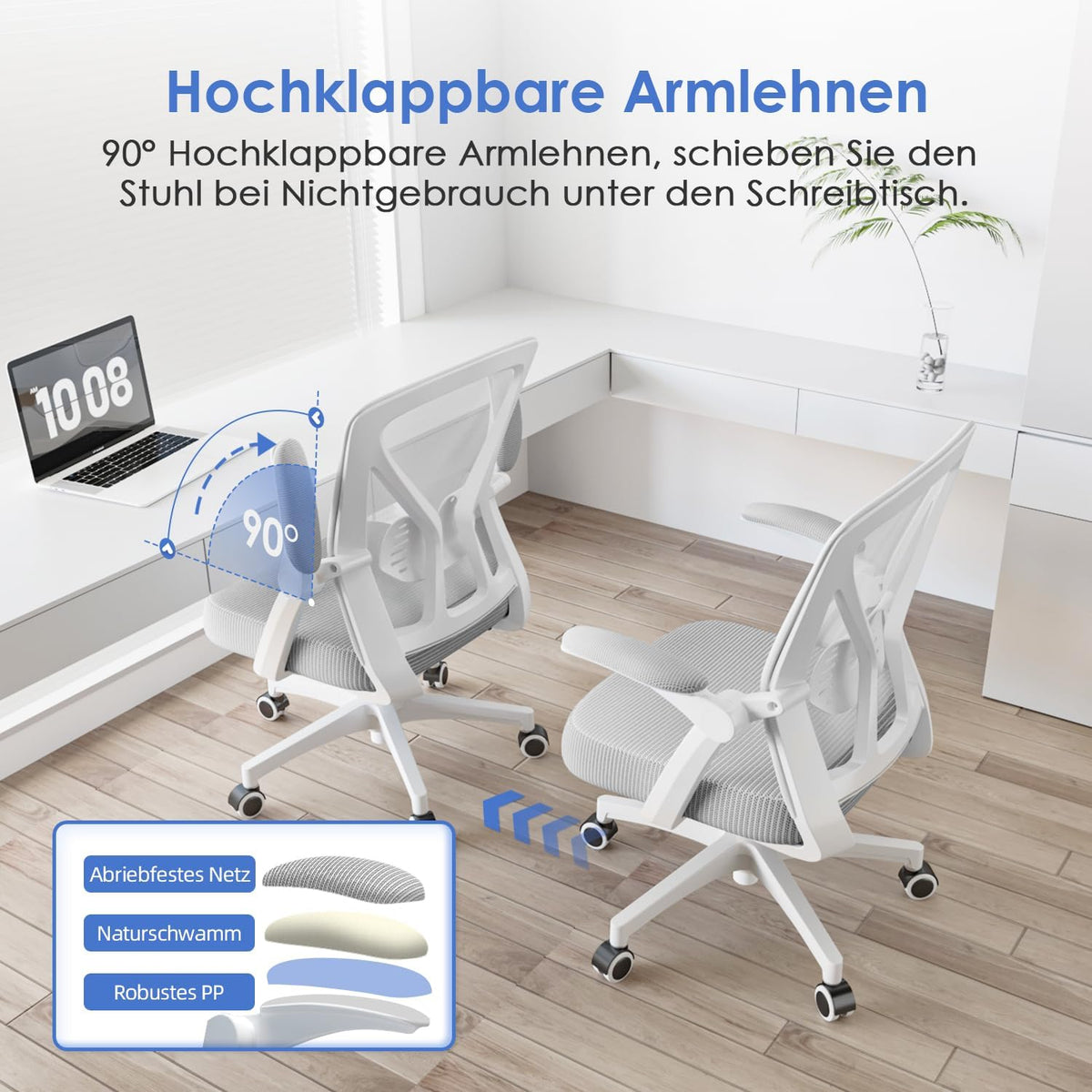 Hinonde Office Chair, Desk Chair with Folding Armrests and Rocker Function, 360° Swivel Chair, Height-Adjustable Office Chair, Ergonomic Home Office Chair with Breathable Mesh, Up to 150 kg