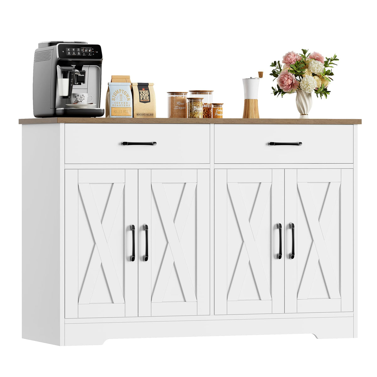 HOCSOK Sideboard, 120 cm Wide Kitchen Cabinet with Worktops, Kitchen Buffet Storage Cabinet with 2 Drawers and 4 Doors, Living Room, Kitchen, Hallway, White & Brown
