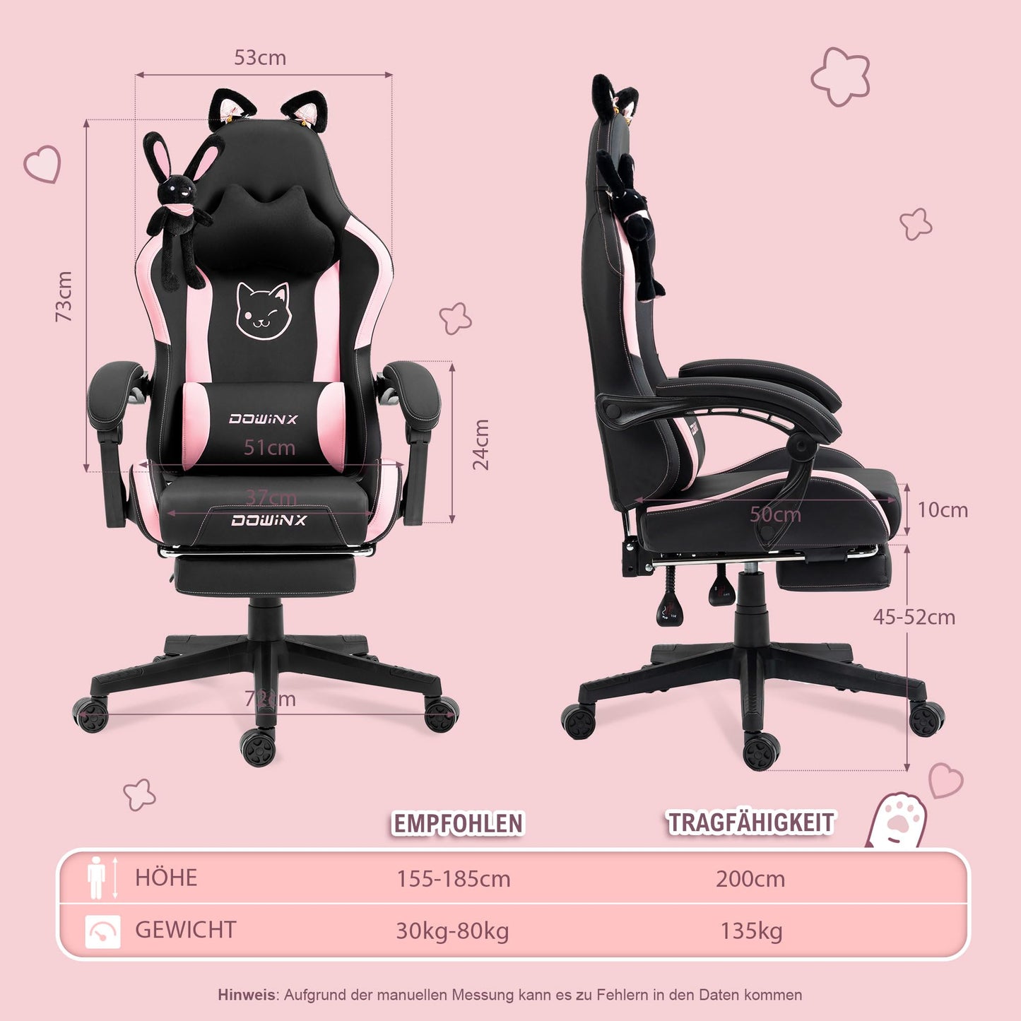 Dowinx Gaming Chair - Cute Cat Edition - Ergonomic Computer Chair with High Back and Lumbar Support, PU Leather, Footrest, Black
