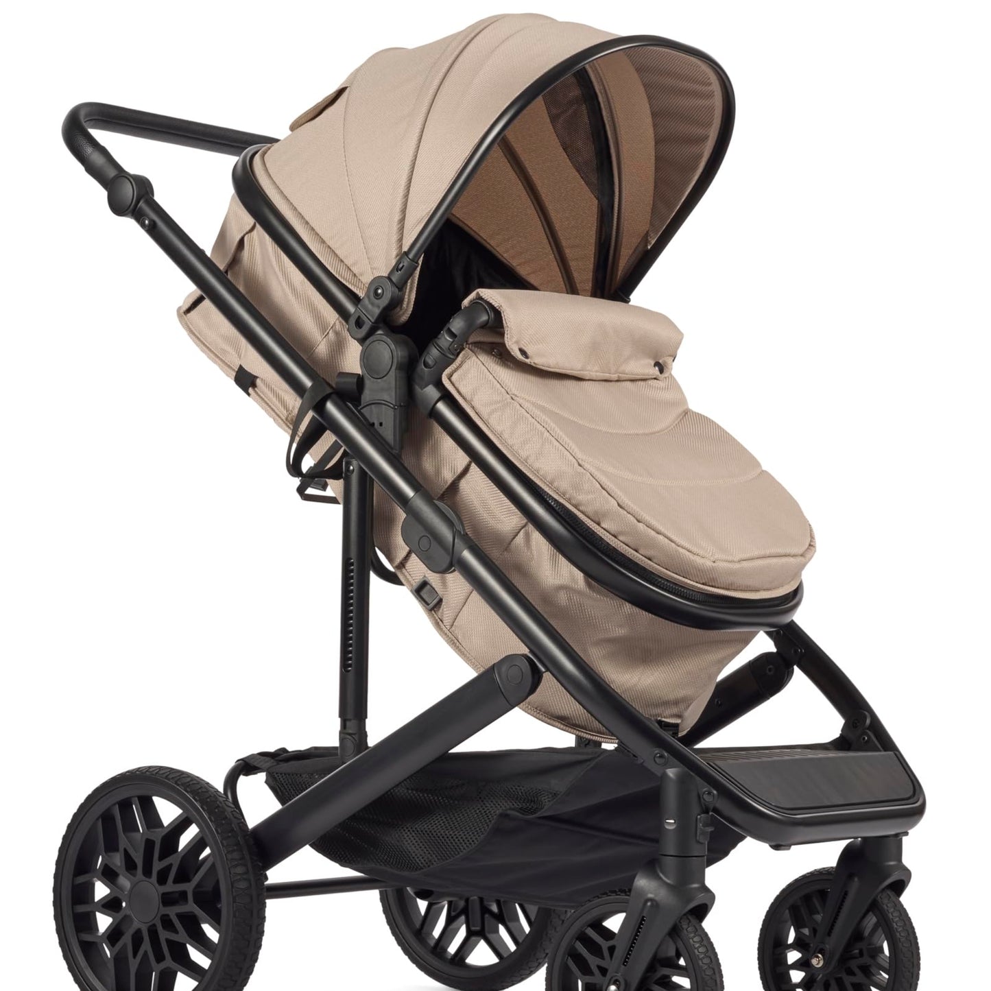 Lejoux™ Avant Baby Pram Travel System - Larger Foldable Pushchair with Baby Tub, 5-Point Harness, Adjustable Seat, Oversized Basket and One-Handed Folding - Swivel Wheels and Rain Cover (Black)