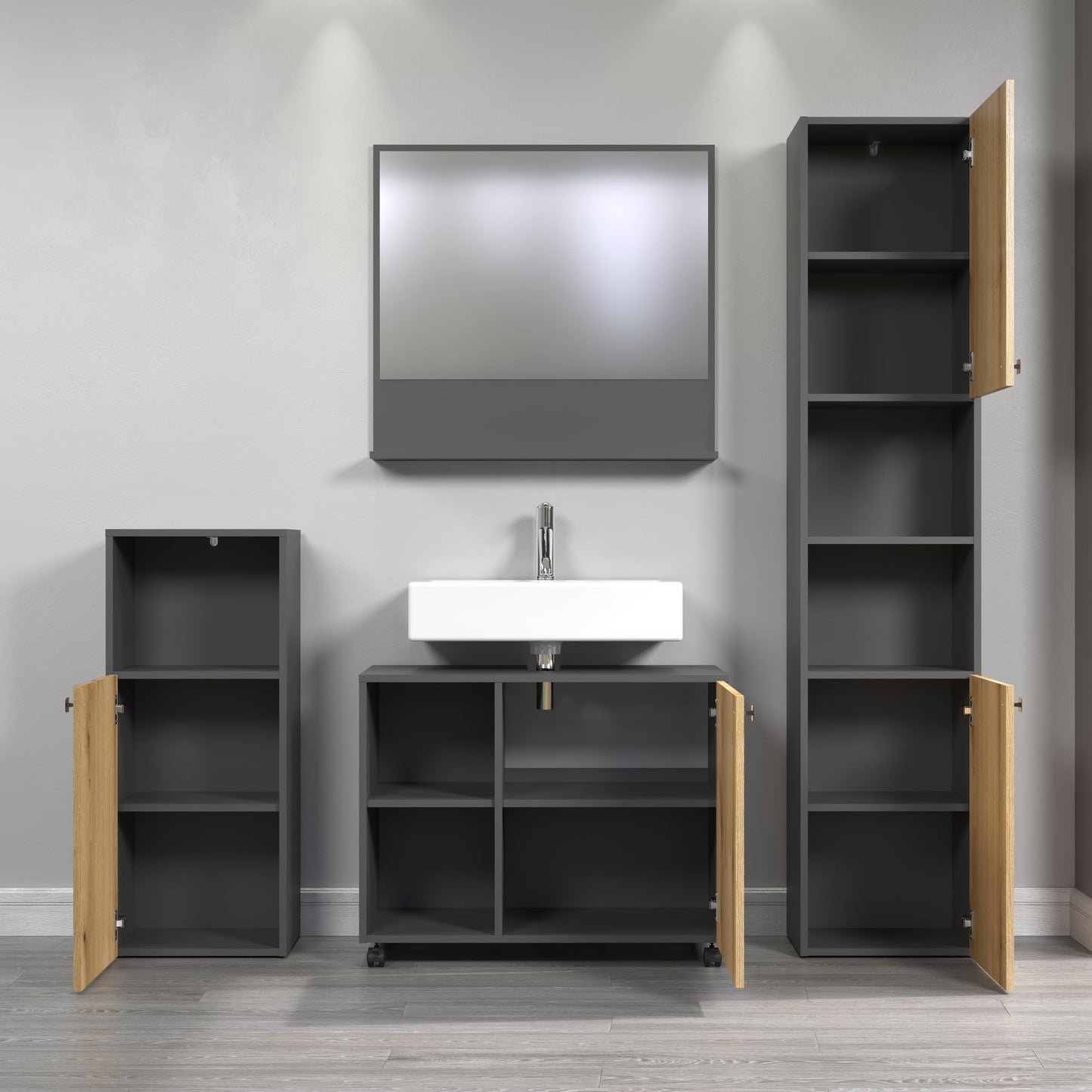 trendteam smart living - PureBliss - Hochschrank - Eiche - Badezimmerschrank in moderner Rillenoptik - edle Metallgriffe - (BxHxT) 40 x 186 x 31 cm - 2 praktische Einlegeböden - kratzfest