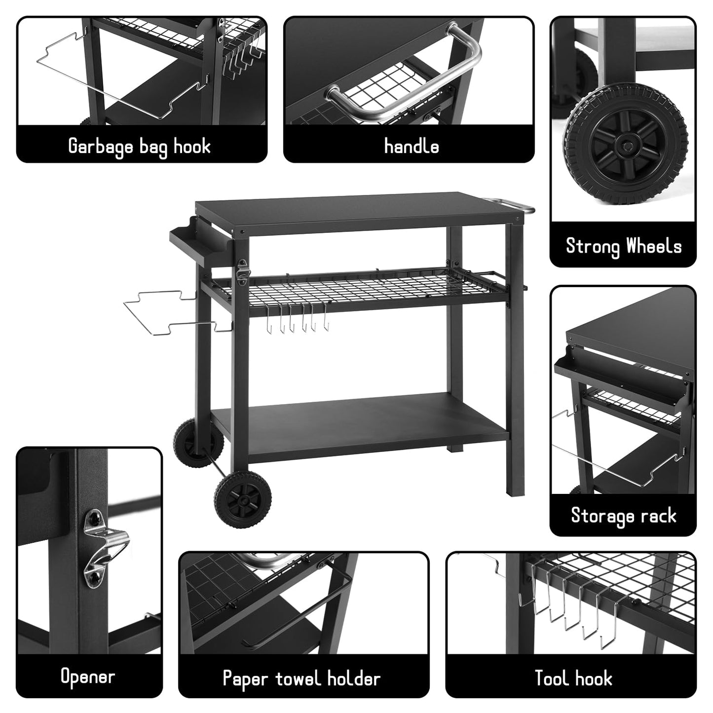 Barbecue Table with Large Work Surface | Grill Side Table, Outdoor Grill Trolley, Grill Table Outdoor, Stainless Steel Table Top, Outdoor Garden Trolley
