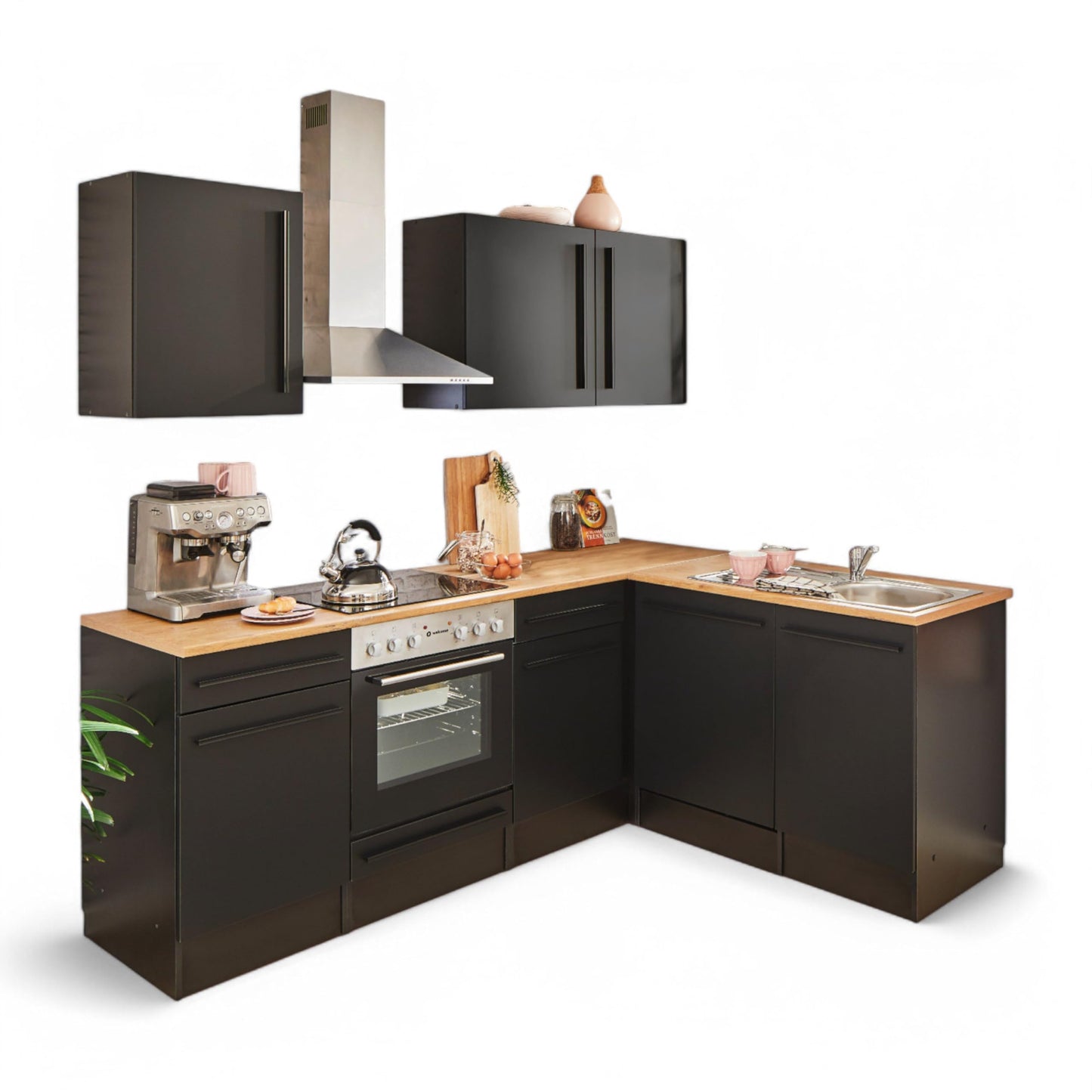 Jazz 8 Modern Corner Kitchen without Electrical Appliances in White High Gloss, Metallic Grey - Spacious Kitchen Unit in L-Shaped with Lots of Storage Space - 220 x 211 x 60 cm (W x H x D)