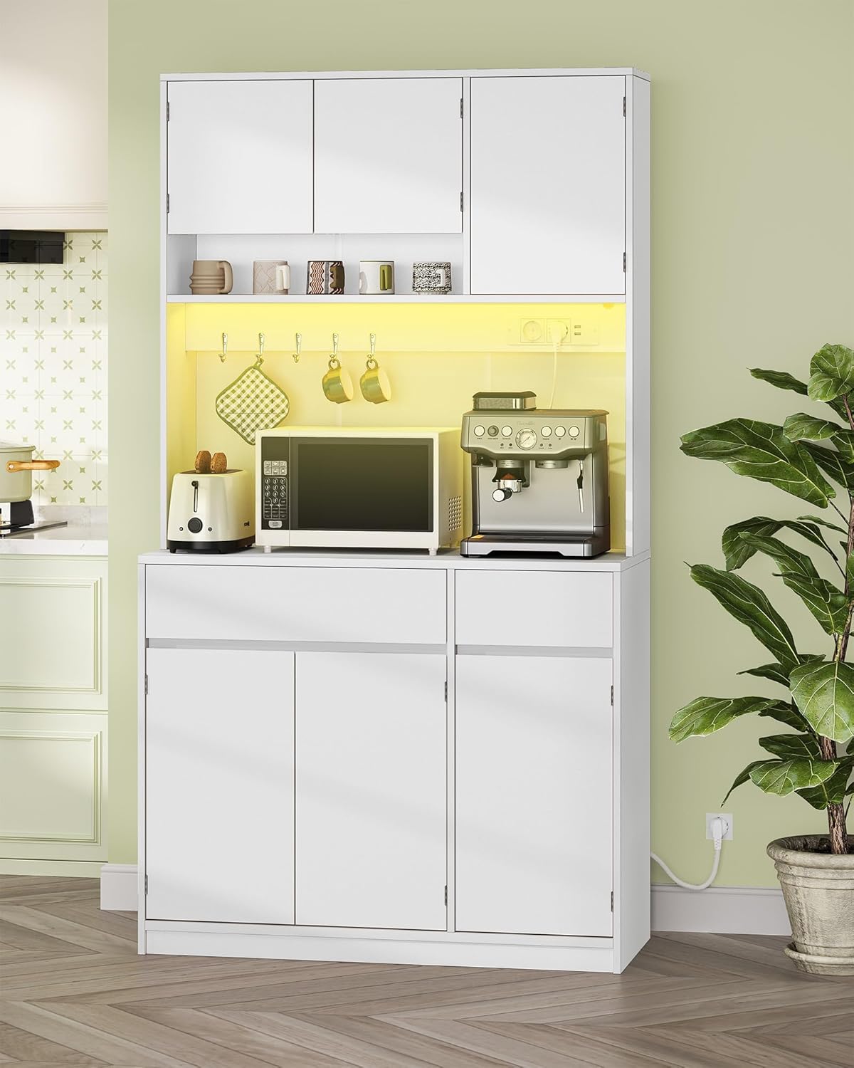 Hzuaneri PT00203XEU Kitchen Cabinet, Buffet Cabinet, Tall Cabinet with Sockets and LED Light Strips, with Worktops and Two Drawers, Adjustable Shelves, Kitchen, 40 x 100 x 180 cm, White