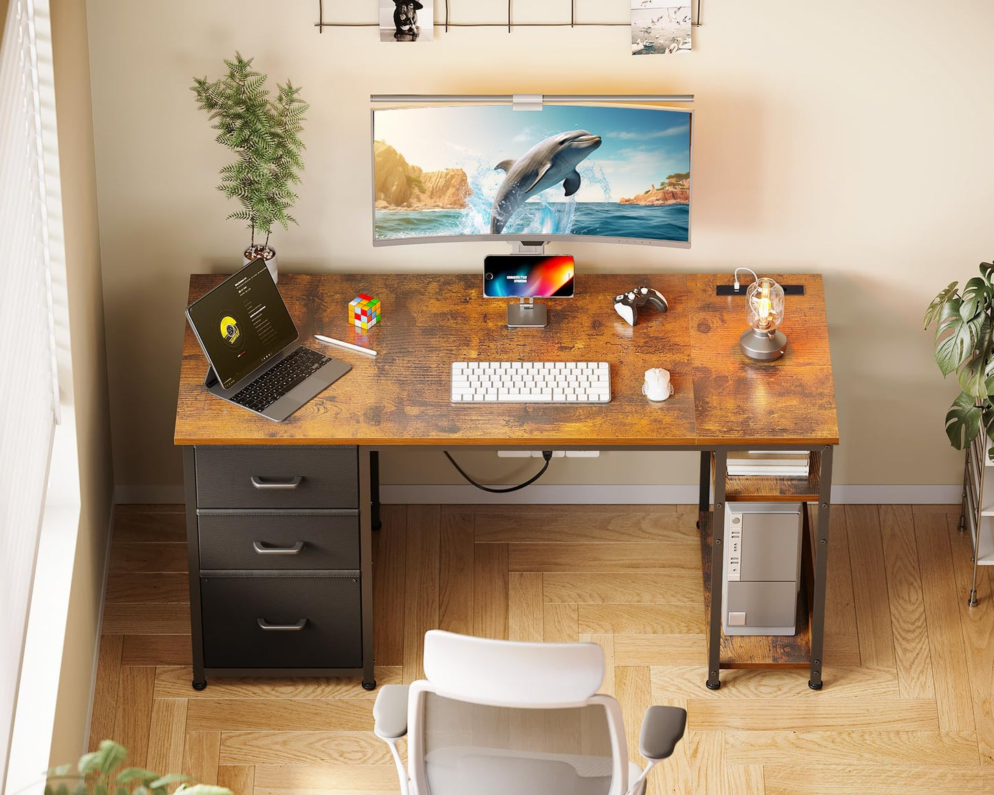 Coleshome Fabric Desk with 3 Drawers, 130 x 48 cm Computer Desk with 2 Sockets and 2 USB Charging Ports, PC Table with Shelf, Reversible Office Table for Office, Living Room, White