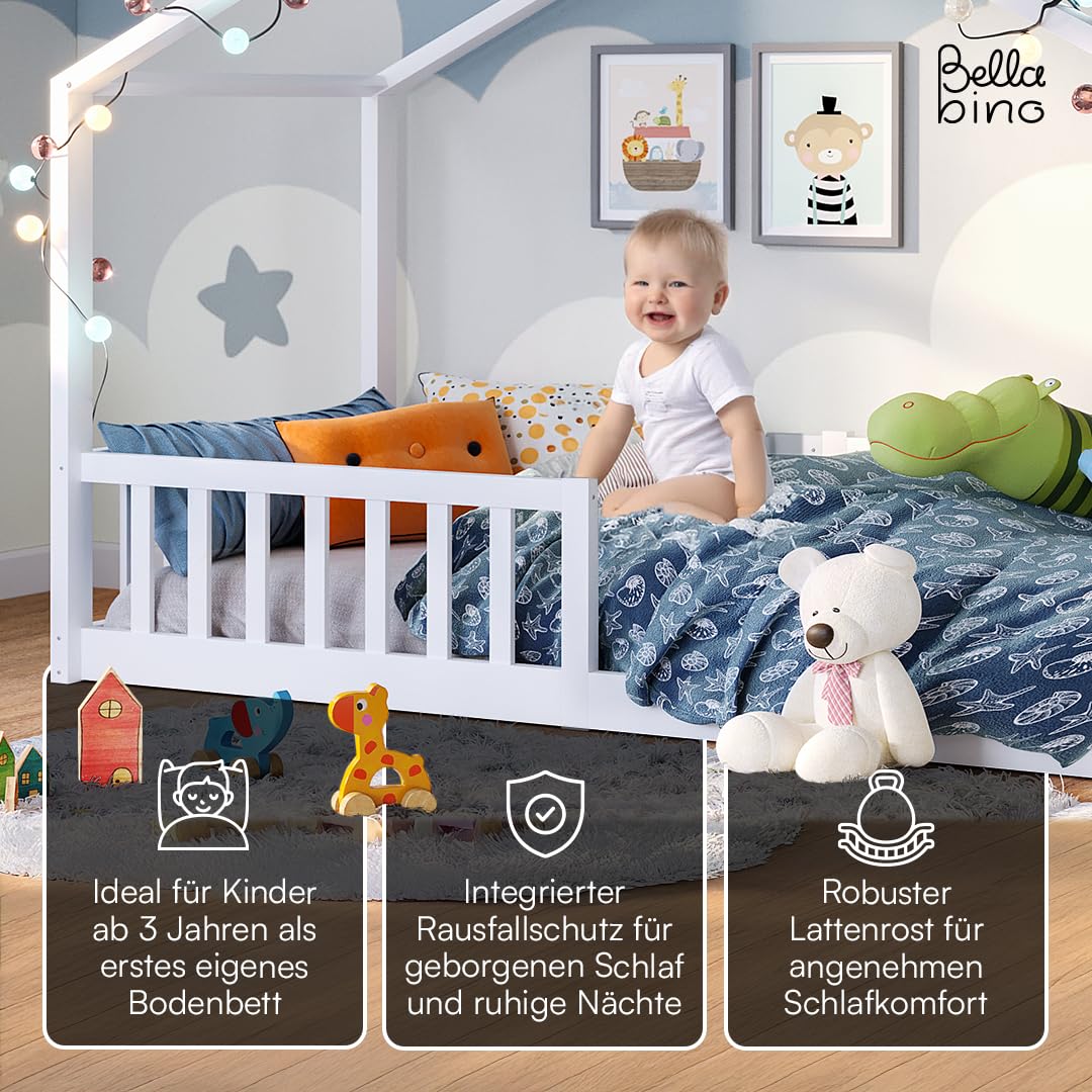 Bellabino Bia Children’s Bed, 90 x 200 cm, Children’s House Bed incl. Fall Protection and Rolled Slatted Frame, Montessori Floor Bed, White, Solid Pine Wood