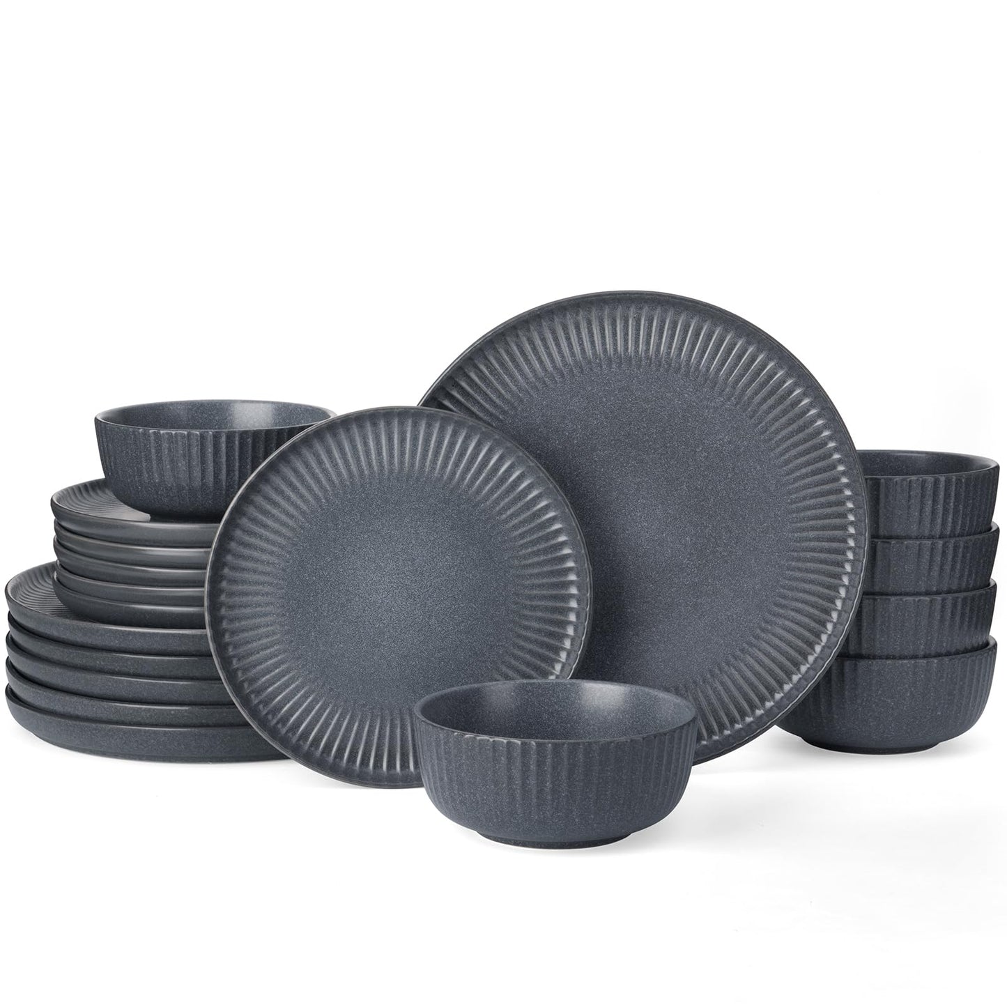 Starlight Crockery Set, 18-Piece Plate Set, Crockery Set for 6 People, Ribbed Textured Tableware, Microwave & Dishwasher Safe, Anti-Scratch, Reactive Glaze, Matt Black Grey