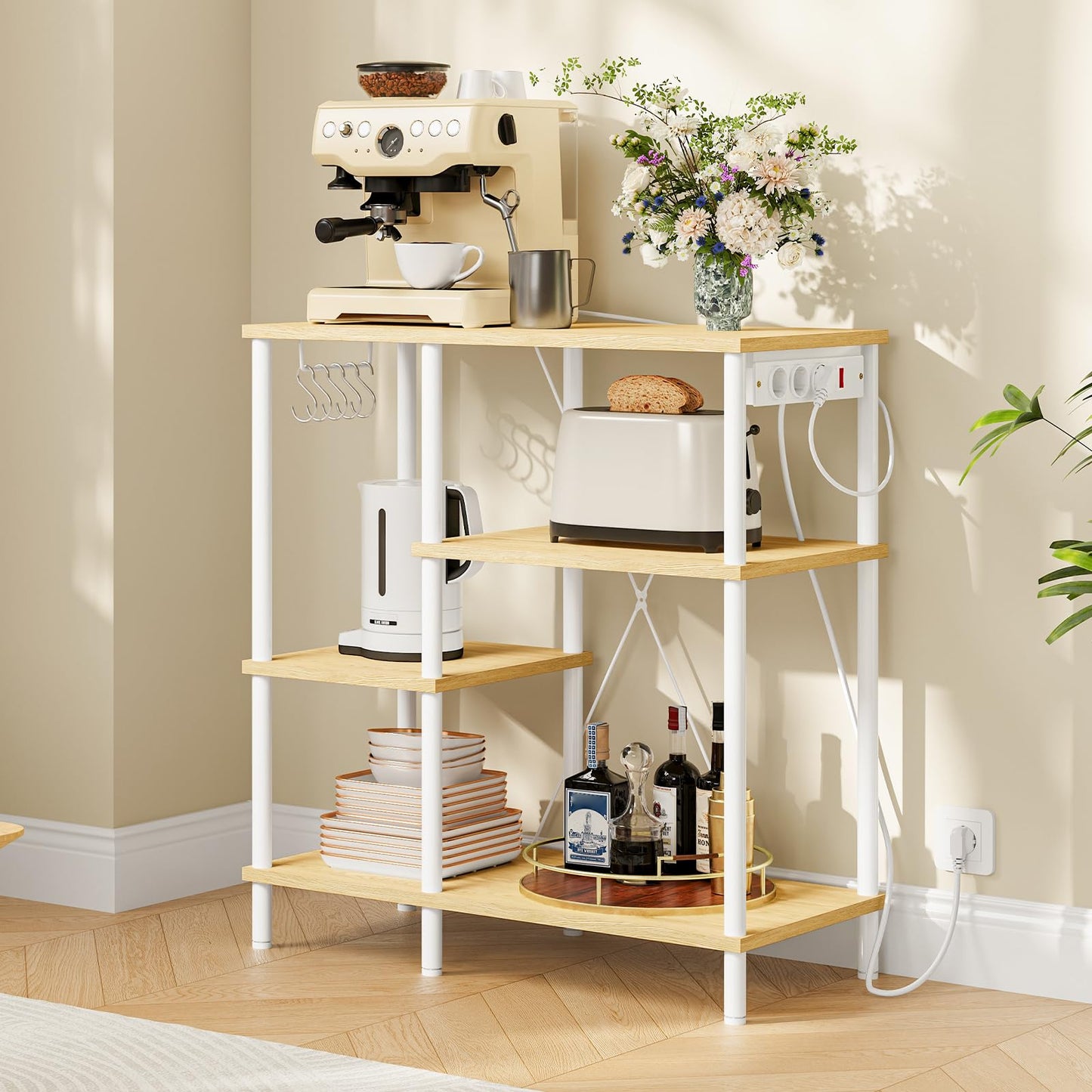 HOOBRO EBF07CHB01 Kitchen Shelf, Standing Shelf with Sockets, Baker's Rack with 5 S-Hooks, Microwave Shelf, 38 x 80 x 86 cm, Vintage Brown and Black