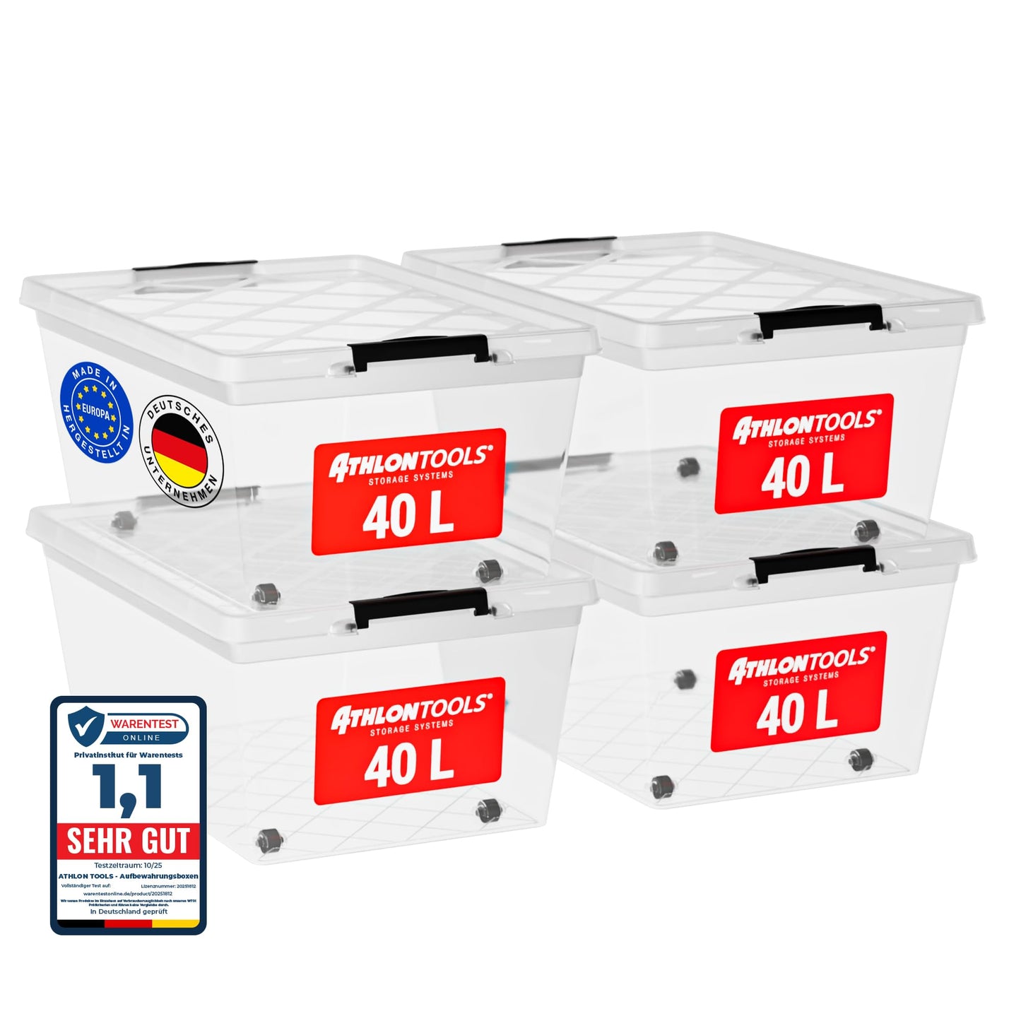ATHLON TOOLS 4 x 60 L Storage Boxes with Lid, Food-Safe, Locking Clips, 100% New Material Plastic Box, Transparent, Clothes Boxes, Stackable
