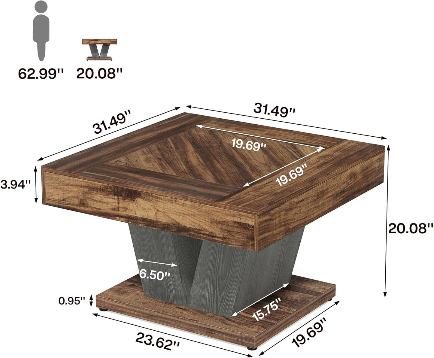 Tribesigns Square Coffee Table Wood Center Table for Living Room 80cm Modern Cocktail Tea Accent Table Rustic Brown and Black