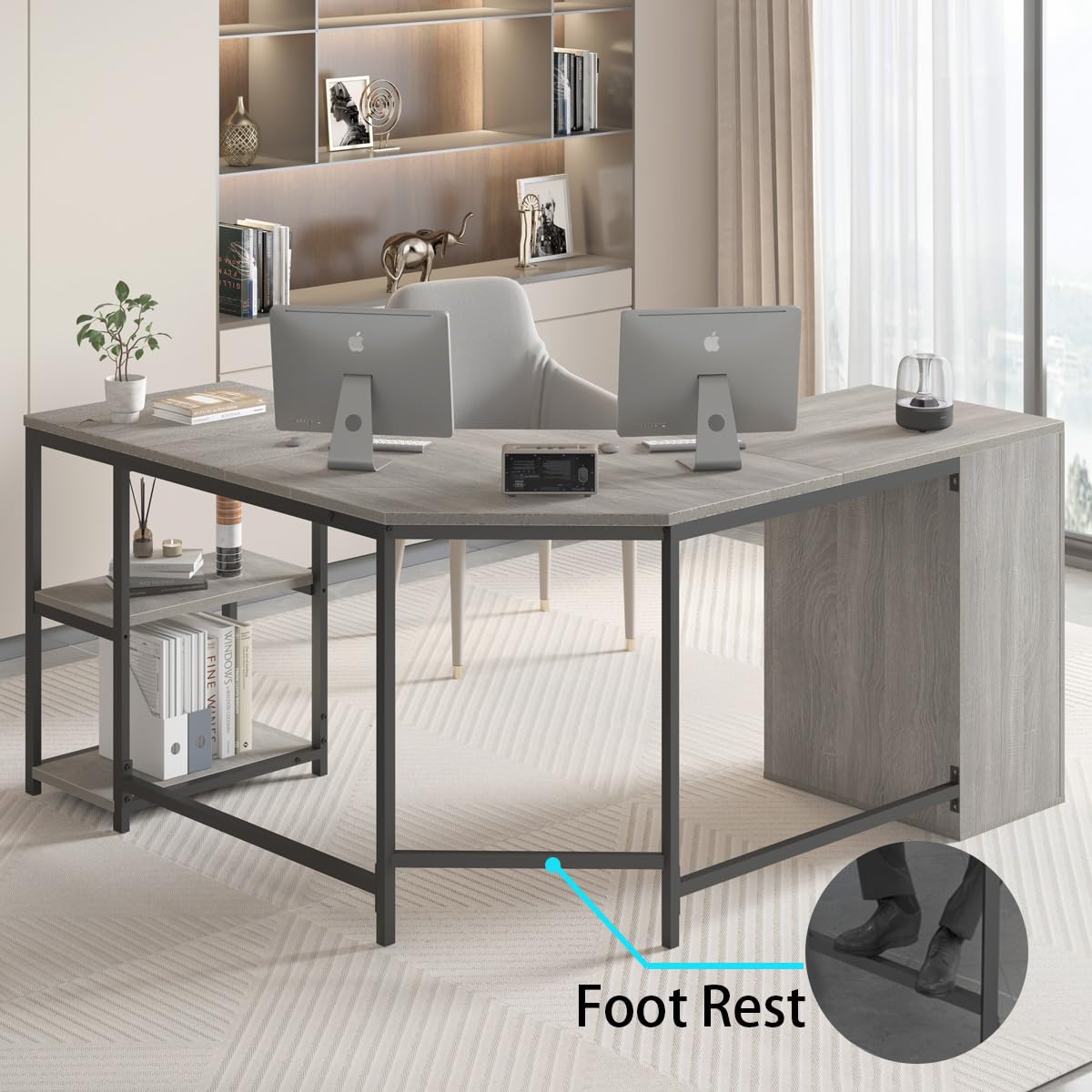 LVB White L Shaped Corner Desk with Drawers, Reversible Modern L Shaped Computer Desk with Storage Cabinets, Large L Shaped Wooden L Shaped Desk Metal L Shape