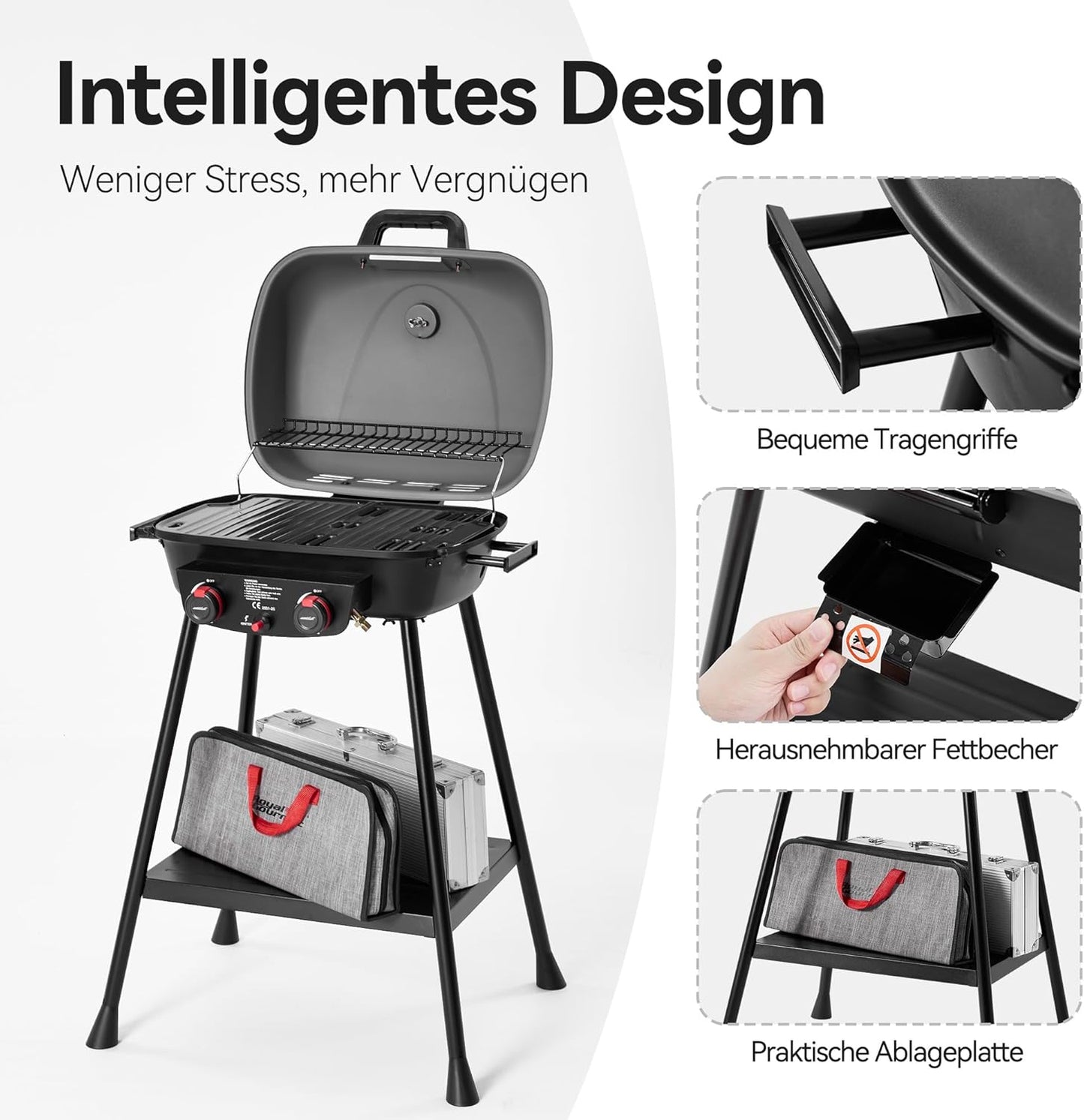 Royal Gourmet 2-Burner Gas Barbecue Small Balcony Picnic Grill 5 kW Barbecue Trolley for Garden and Camping with Easy to Disassemble Grill Stand