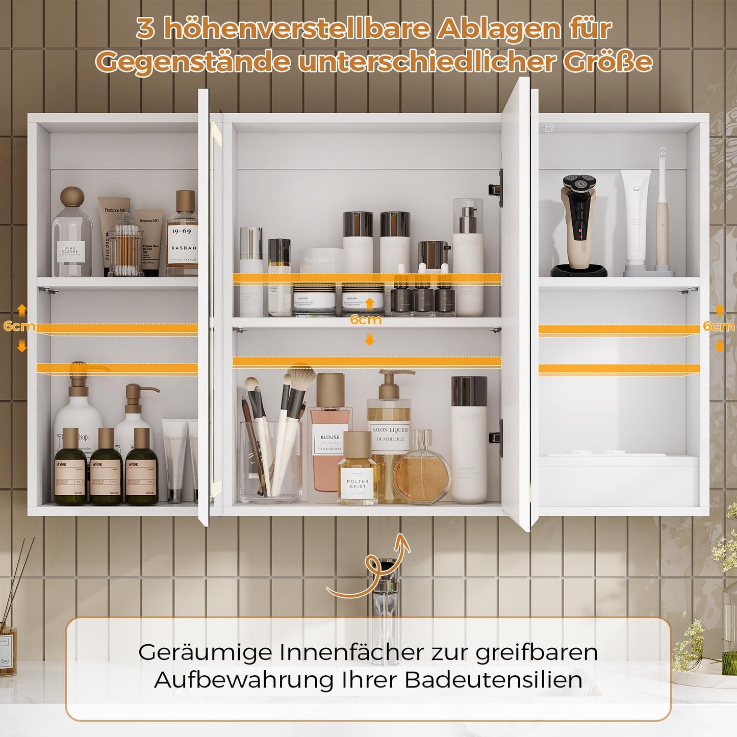 mojiasion Bathroom Mirror Cabinet 100 cm Wide with LED Lighting, Socket & 3 Colour Temperatures Dimmable Bathroom Cabinet with Touch Sensor 60 x 100 x 16 cm (H x W x D) Mirror + 3 Adjustable Shelves