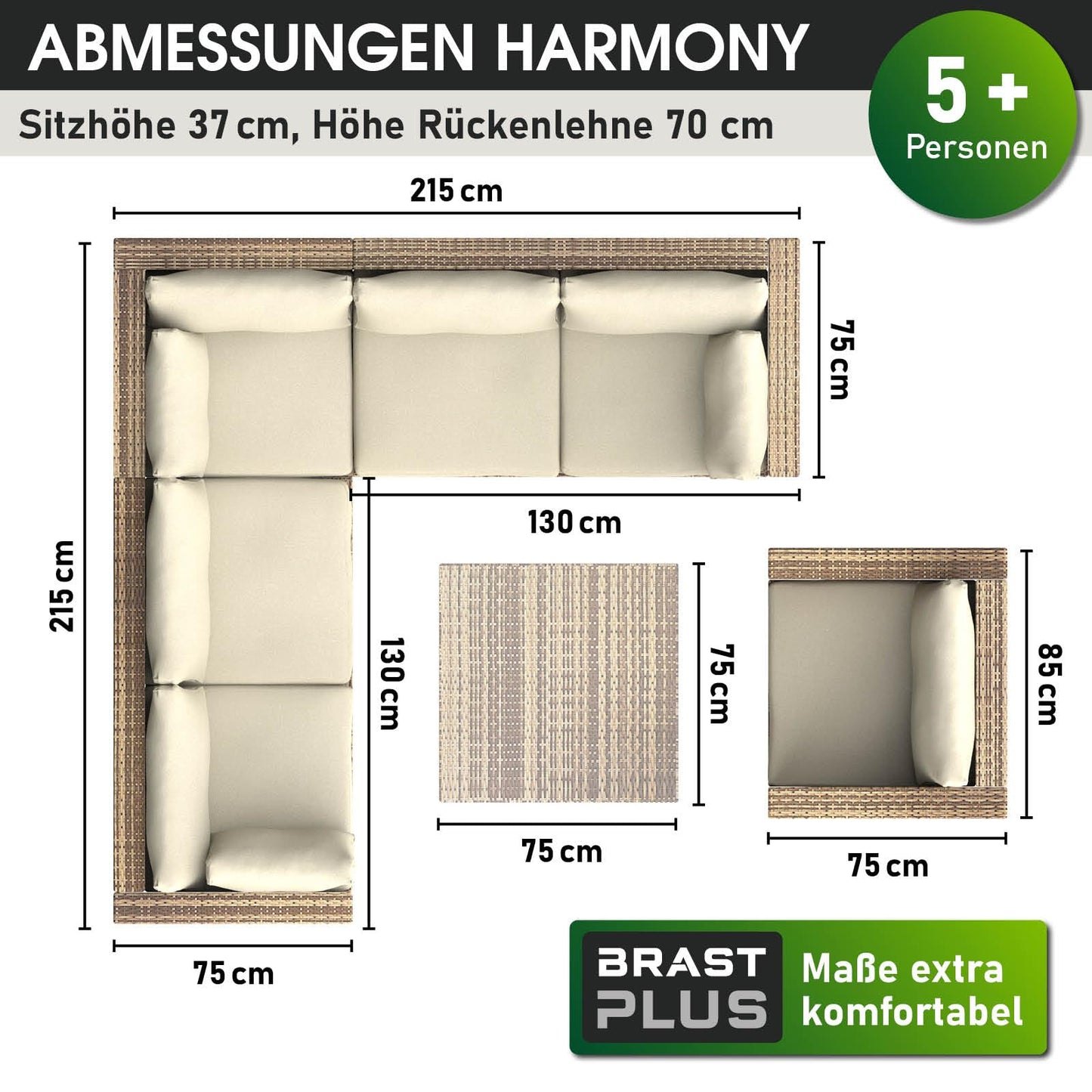 BRAST® Gartenmöbel Lounge Set | 4-5 Personen viele Modelle & Farben | inkl. extra Dicke Kissen | TÜV geprüft | Outdoor Loungemöbel Sitzgruppe Essgruppe Garnitur | Harmony Schwarz