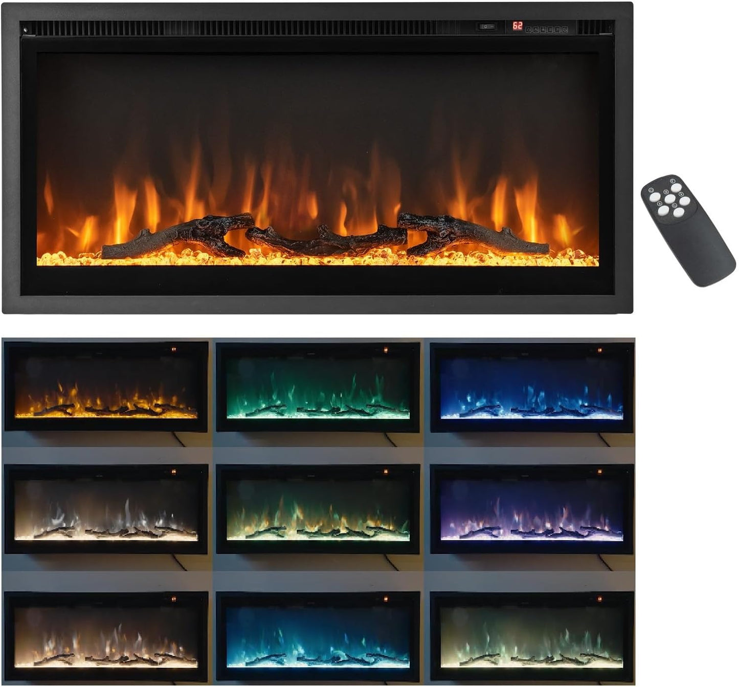 COSTWAY Electric Fireplace with Heating 1500 W, Electric Wall Fireplace with Remote Control, Overheating Protection, 5H Timer, Adjustable 3D Flame Effect and Brightness, 5000BTU Built-in Fireplace