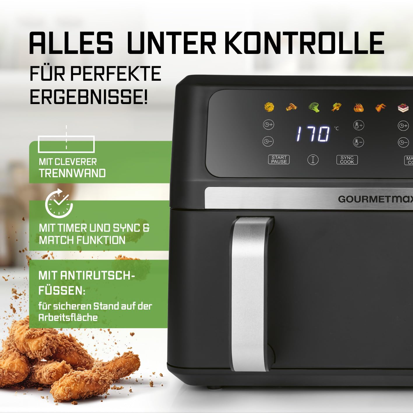 GOURMETmaxx Digitale Heißluftfritteuse 12 L, XXL-Edelstahl-Ofen | Airfryer + Timer, Touchdisplay, Drehspieß | fettarm, energiesparend frittieren | 10 Programme inkl. Pizza | 1800 W