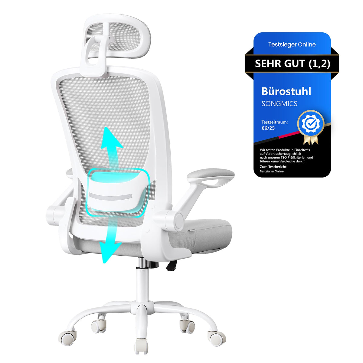 SONGMICS OBN037R01 Office Chair, Desk Chair, Mesh Swivel Chair, Ergonomic, Padded Lumbar Support, Rocker Function, 53 cm Seat, Folding Arms, Pastel Pink