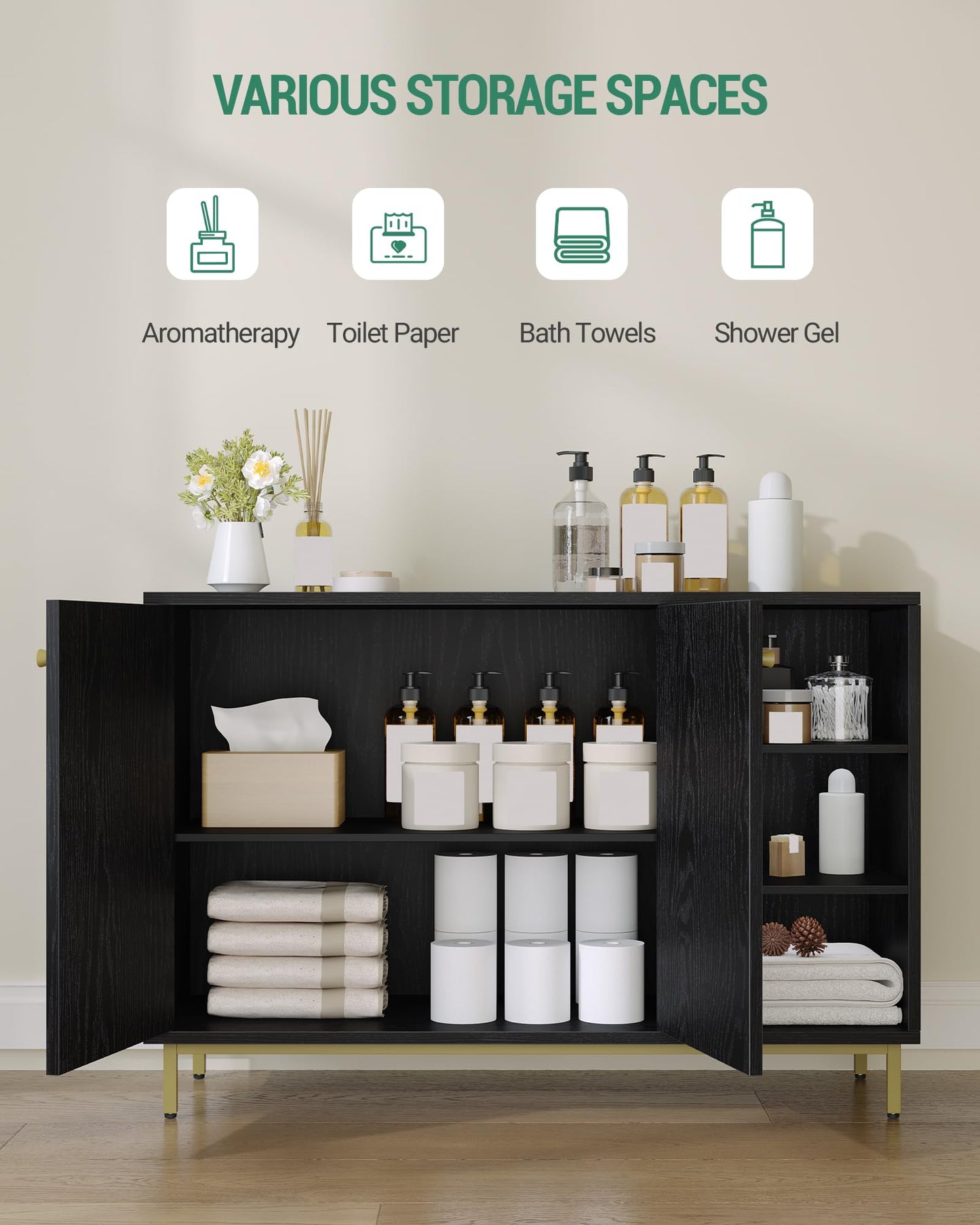 Hzuaneri SC10203G Bathroom Cabinet, Kitchen Cabinet with 2 Doors, Side Cabinet, Sideboard with Open Compartment, Chest of Drawers, Adjustable Shelf, Bathroom, 35 x 100 x 75 cm, White Gold