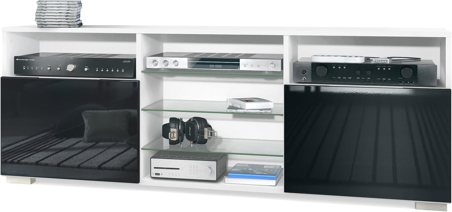 Vladon Granada TV Board Lowboard with 2 Doors and 6 Open Compartments, Matt White Body, Fronts in Sand Grey High Gloss (146 x 54 x 35 cm)