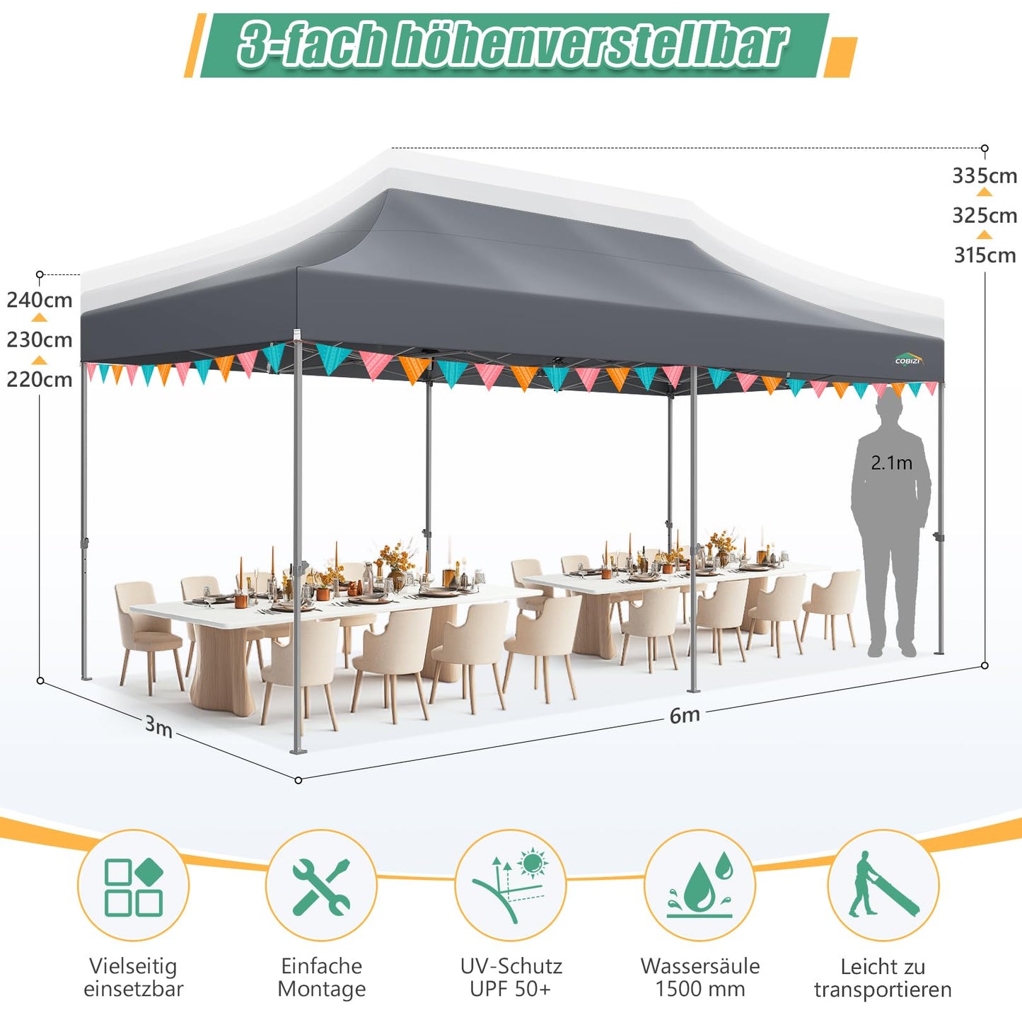 COBIZI Pavillon Faltpavillon 3x3 wasserdicht stabil Winterfest,Outdoor faltbar partyzelt，gartenpavillon mit 4 Seitenteilen und 4 Sandsack und Laufradtasche, Schwarz