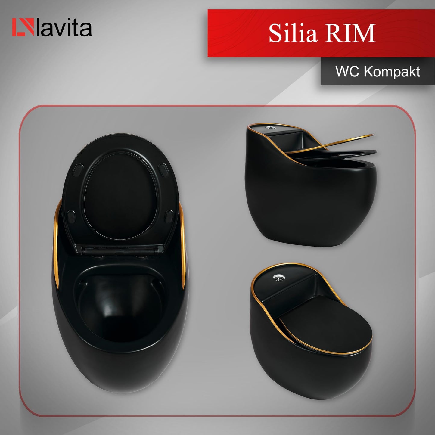 LAVITA Einteilige Stand-WC Mit Eingebautem Spülkasten SILIA RIM BLACK/GOLD LINE | Deckel Mit Absenkautomatik | Keramik Toilette Spülrandlos | Toilettenbecken Stehend + Anschlussstück