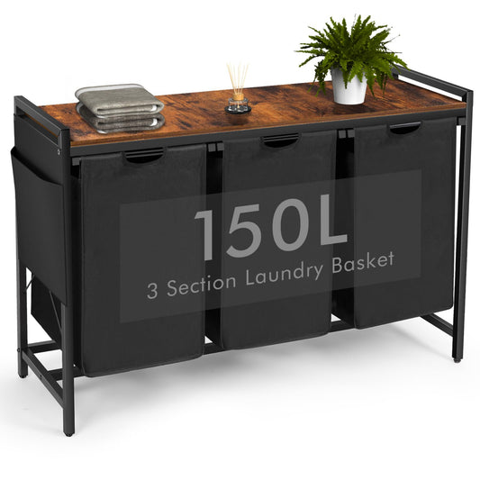 Laundry Basket, 3 Compartments, Laundry Hamper with Shelf, Total Capacity 160 L, Oxford Fabric Laundry Bag, Extendable, Removable, Laundry Box with Side Pockets and X-Shape Holder (3