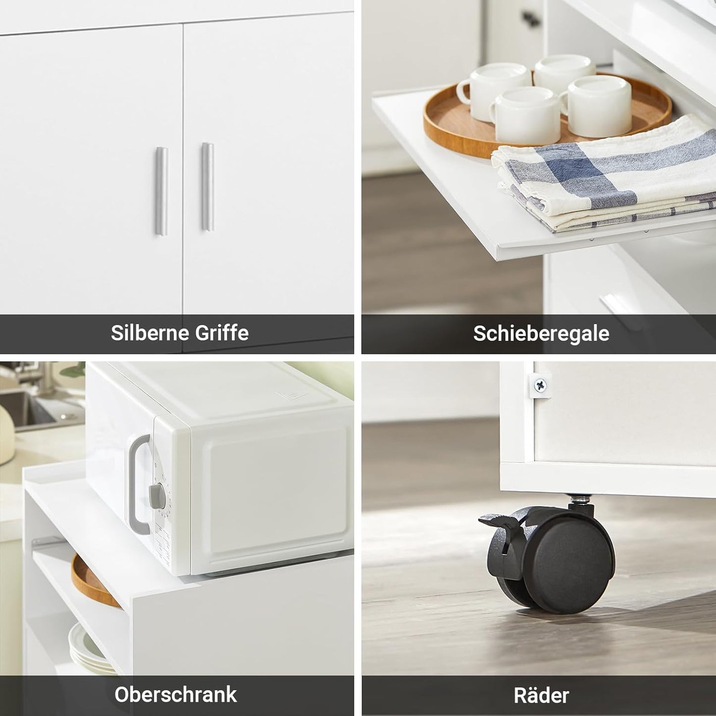 SoBuy® FSB09-W Kitchen Cupboard, Kitchen Trolley, Rolling Cabinet, Drinks Trolley, Microwave Cabinet with One Sliding Shelf, White W x H x D approx. 59 x 92 x 40 cm