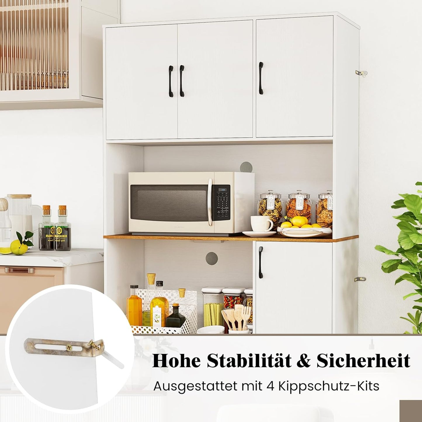 COSTWAY Wooden Kitchen Cabinet, Buffet Cabinet with Socket, Tall Cabinet with Doors & Worktop, Storage Cabinet for Kitchen & Living Room, 100 x 40 x 180 cm (White)